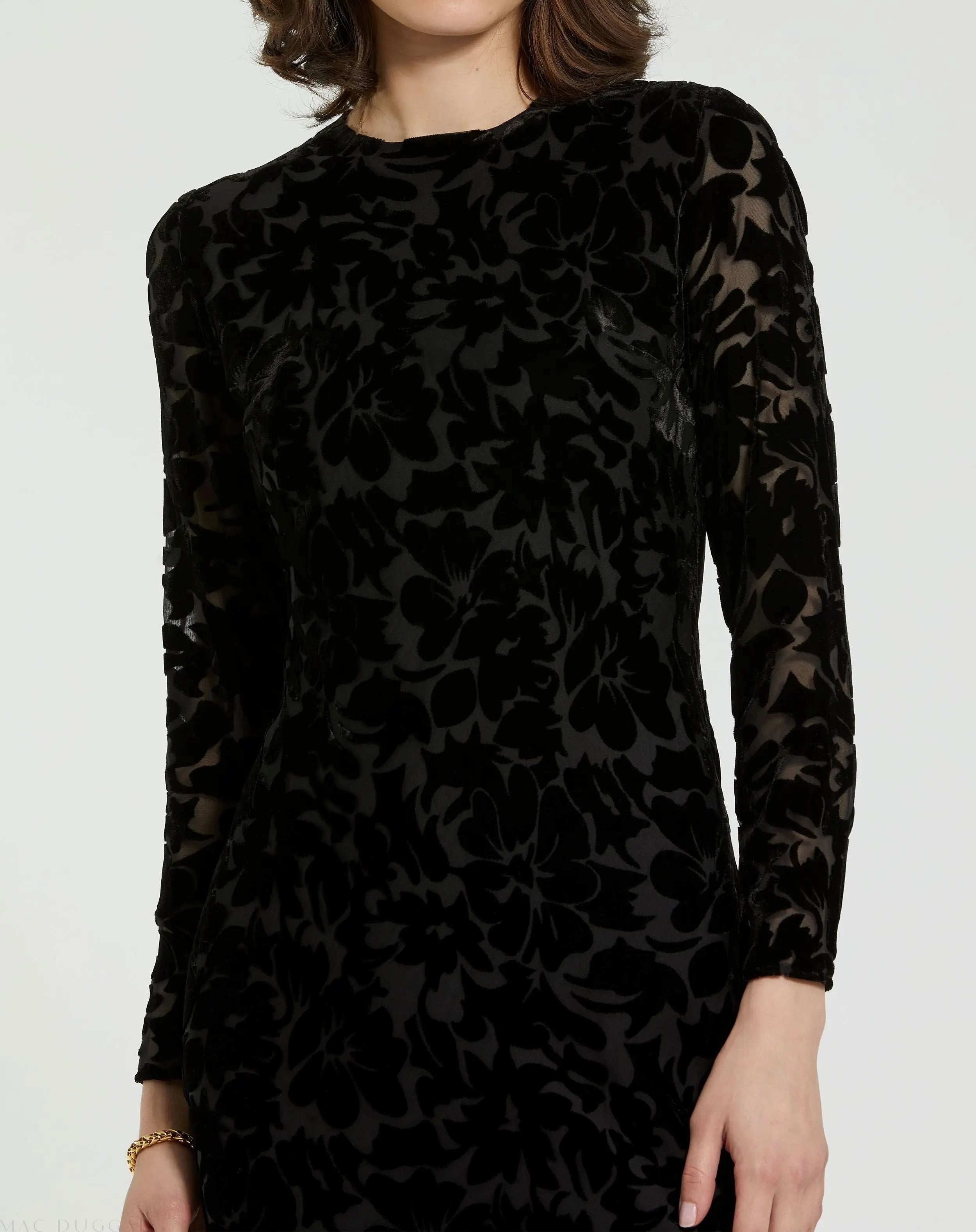 Black Burnout Velvet Long Sleeve Midi Dress-Myartka