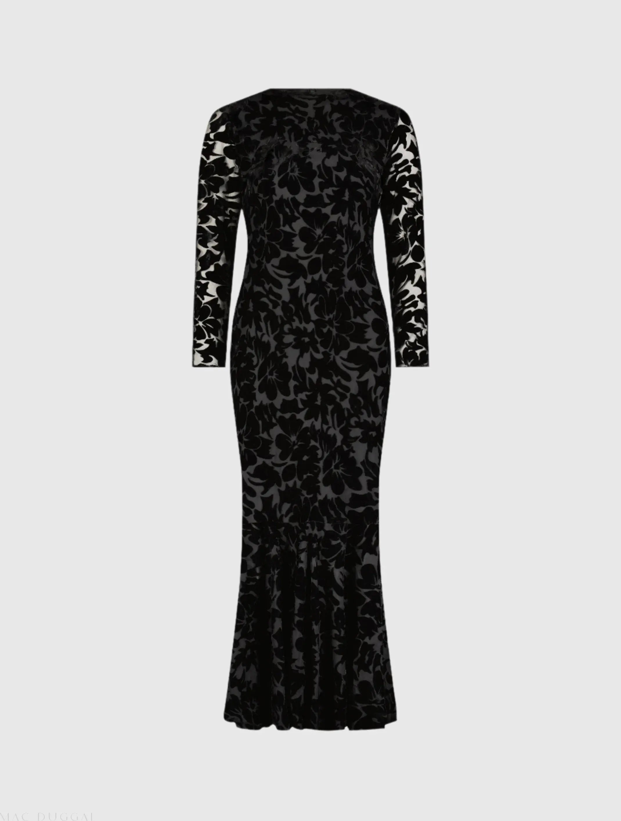 Black Burnout Velvet Long Sleeve Midi Dress-Myartka