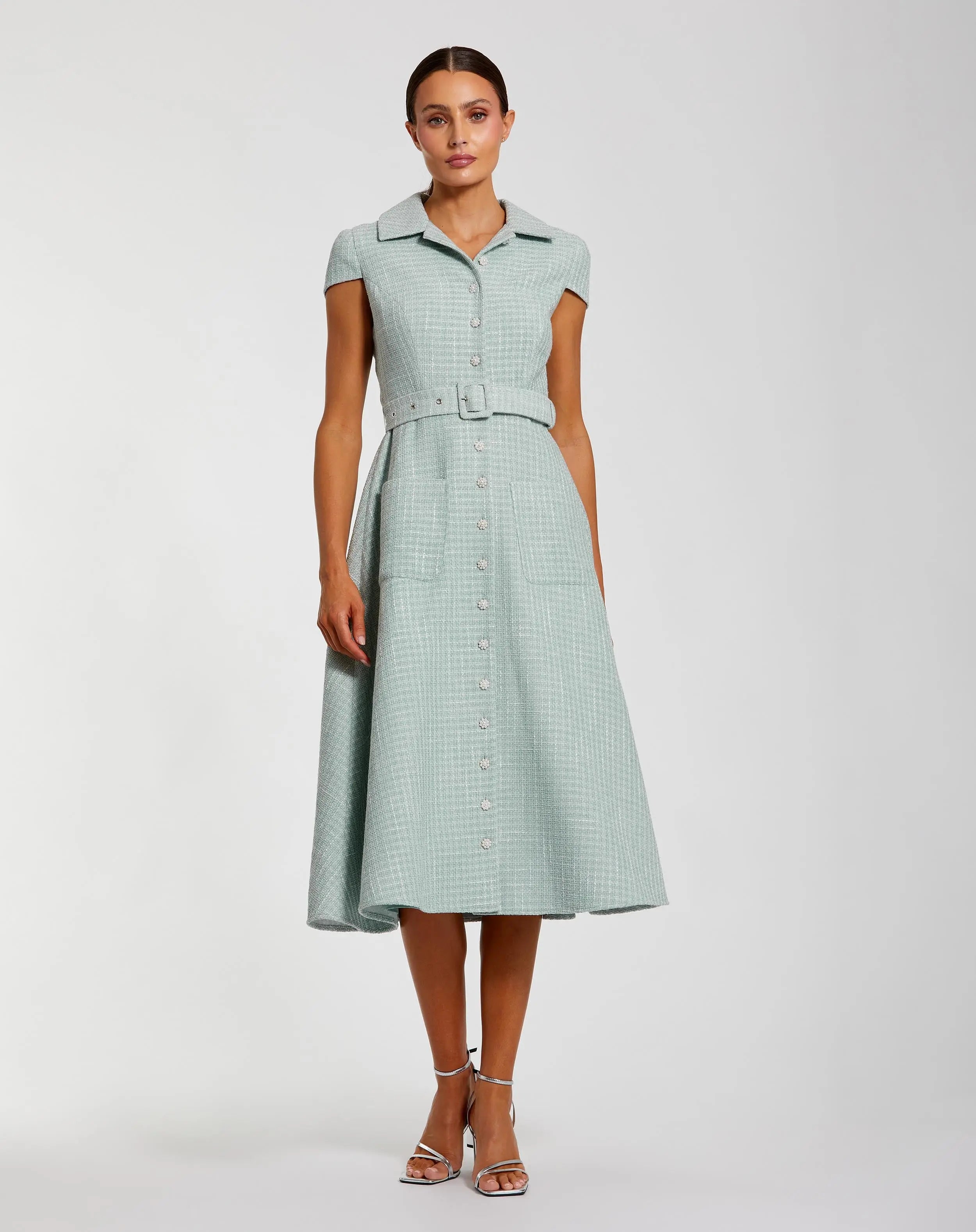 Light Blue Boucle Cap Sleeve Button Up Midi Dress-Myartka