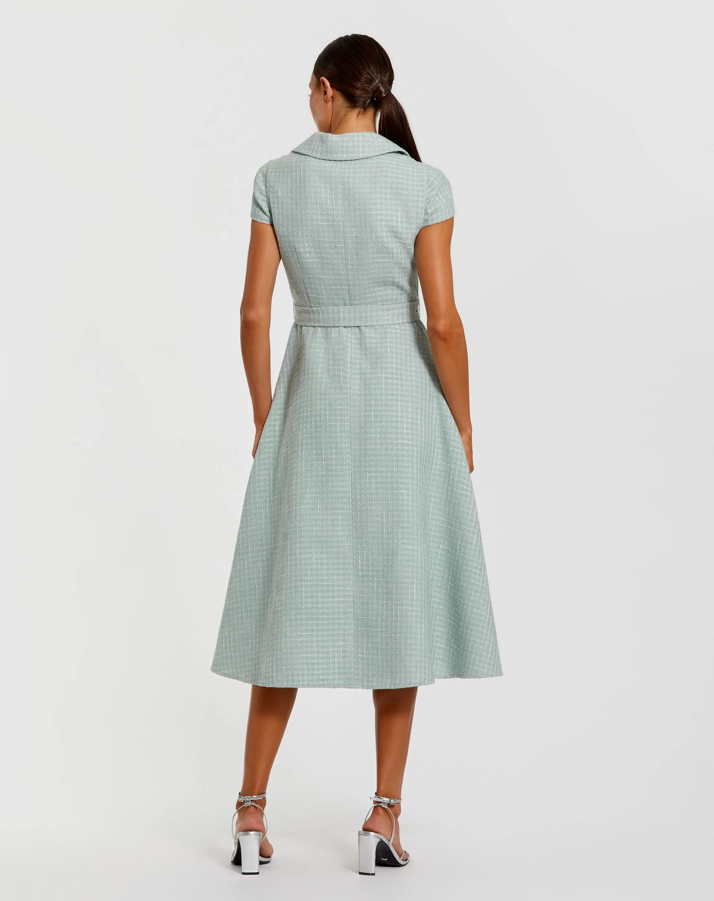 Light Blue Boucle Cap Sleeve Button Up Midi Dress-Myartka