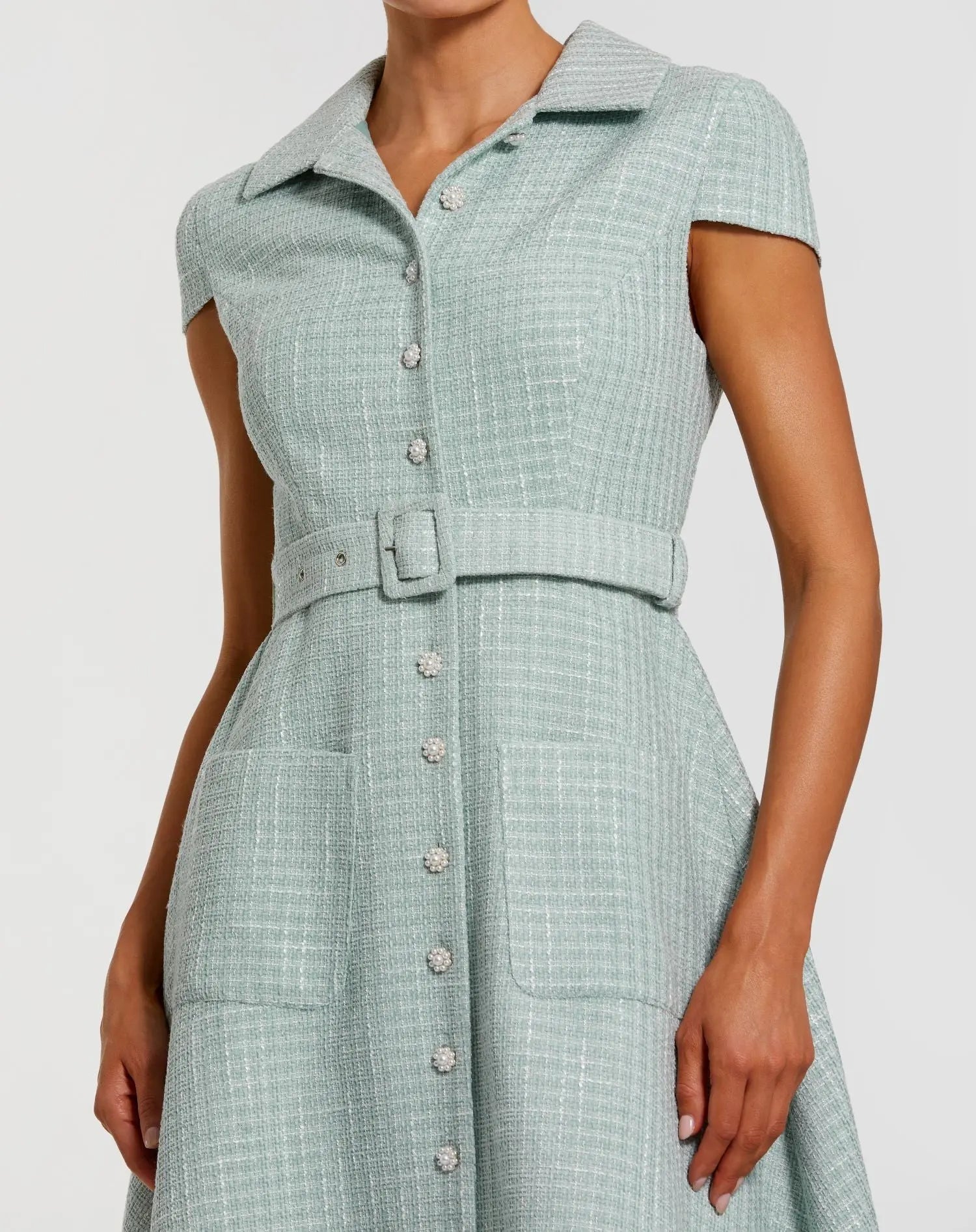 Light Blue Boucle Cap Sleeve Button Up Midi Dress-Myartka