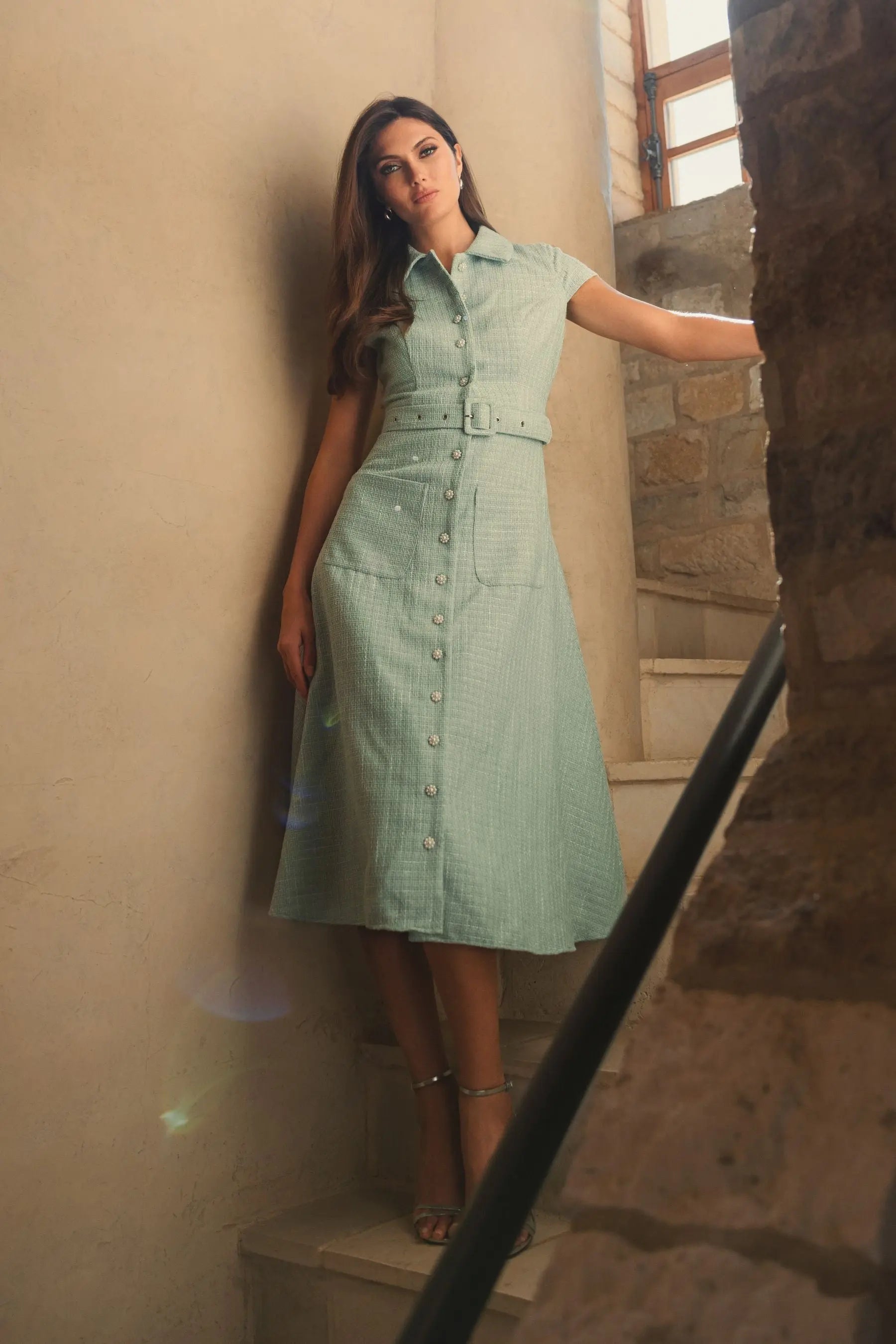 Light Blue Boucle Cap Sleeve Button Up Midi Dress-Myartka