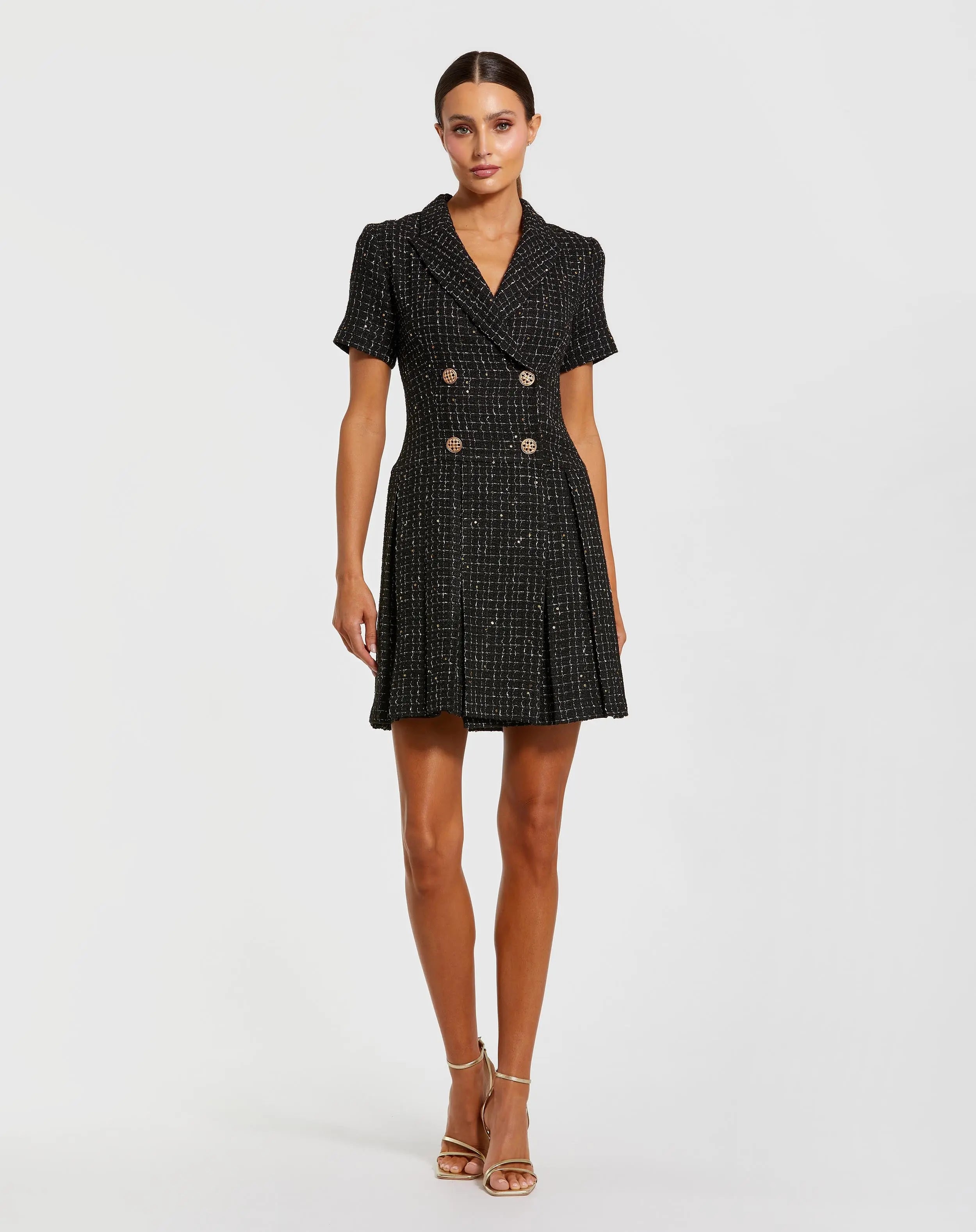 Black Short Sleeve V Neck Tweed Blazer Mini Dress-Myartka