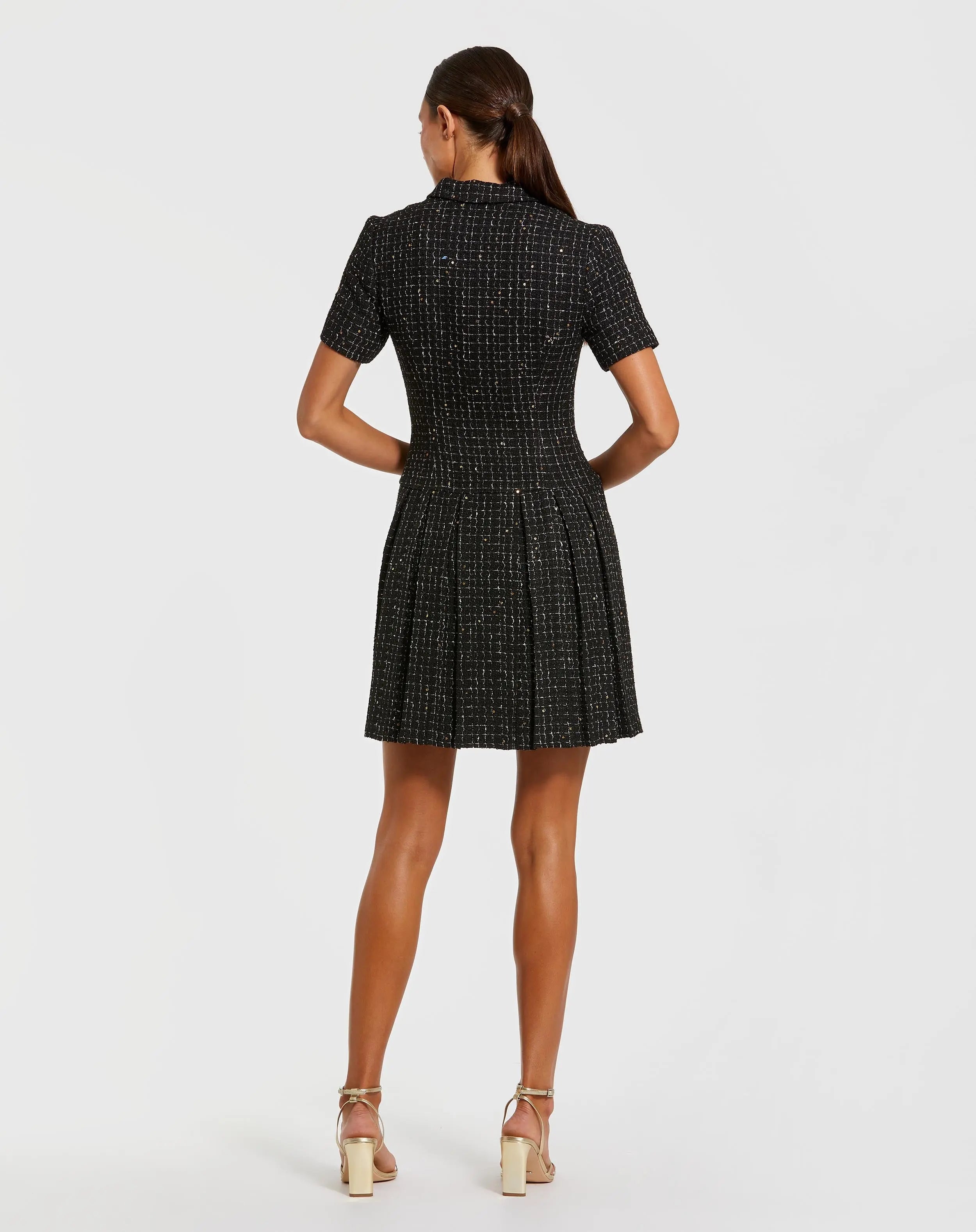 Black Short Sleeve V Neck Tweed Blazer Mini Dress-Myartka