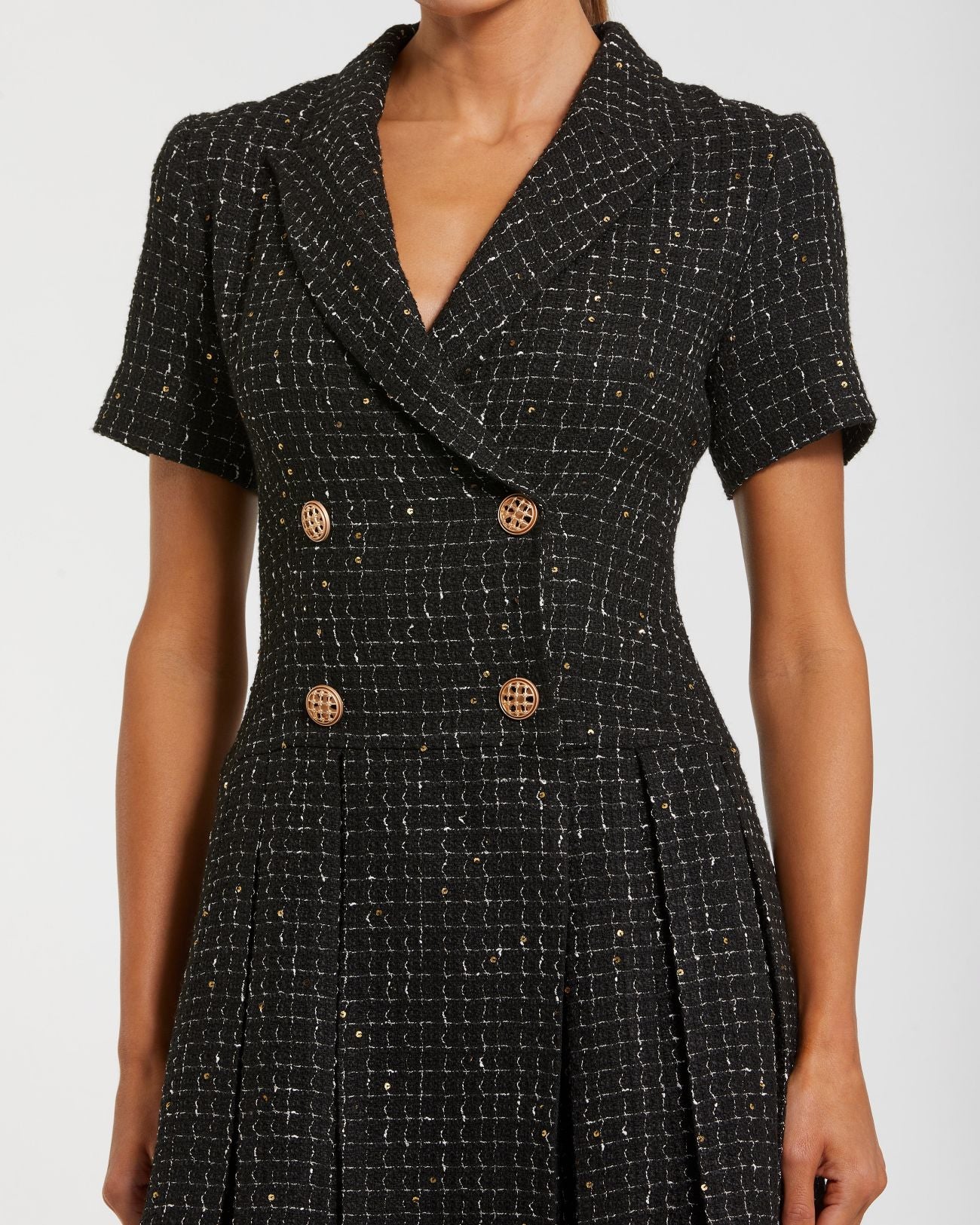 Black Short Sleeve V Neck Tweed Blazer Mini Dress-Myartka