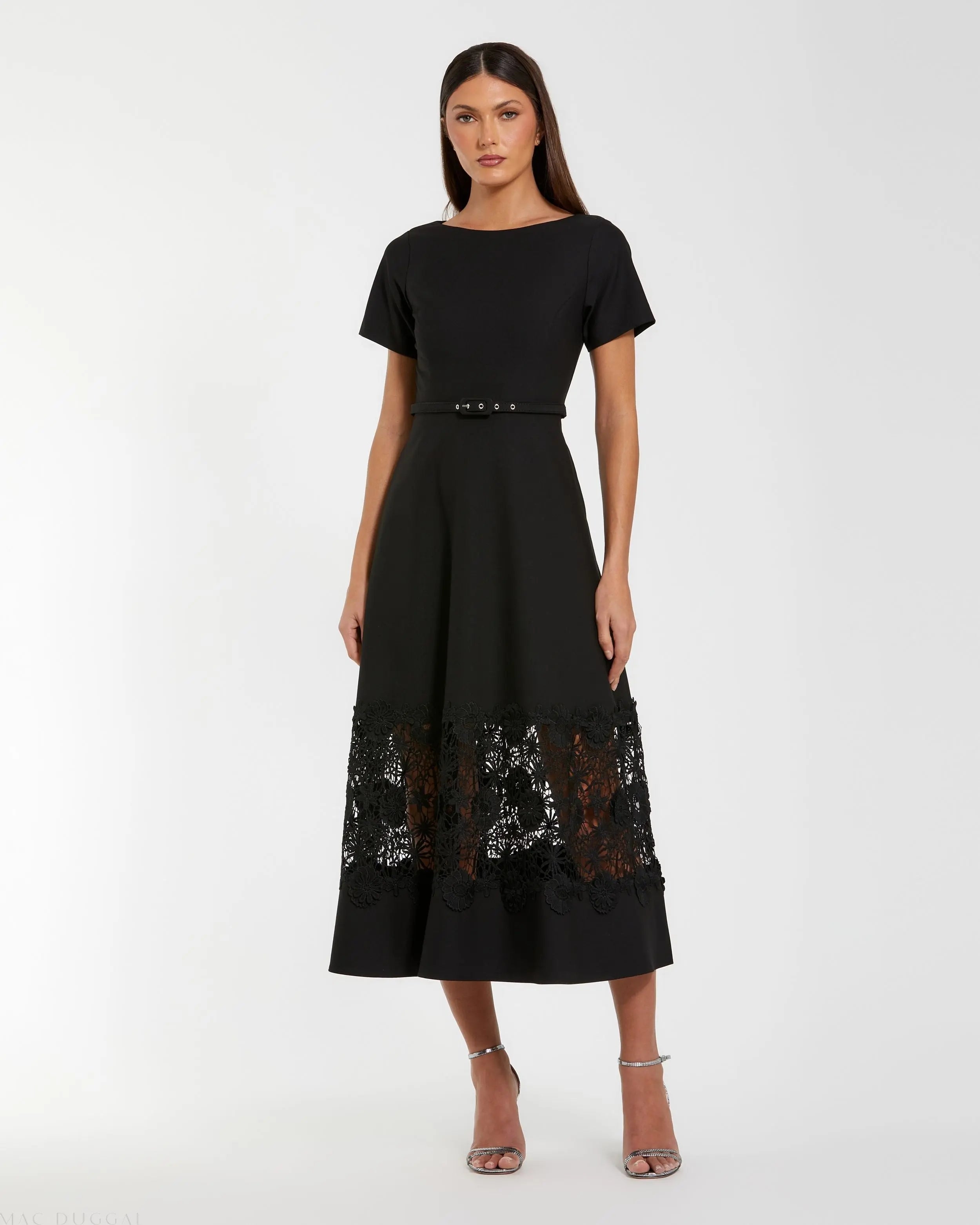 Black Crepe Boat Neck Midi Dress With Belt-Myartka