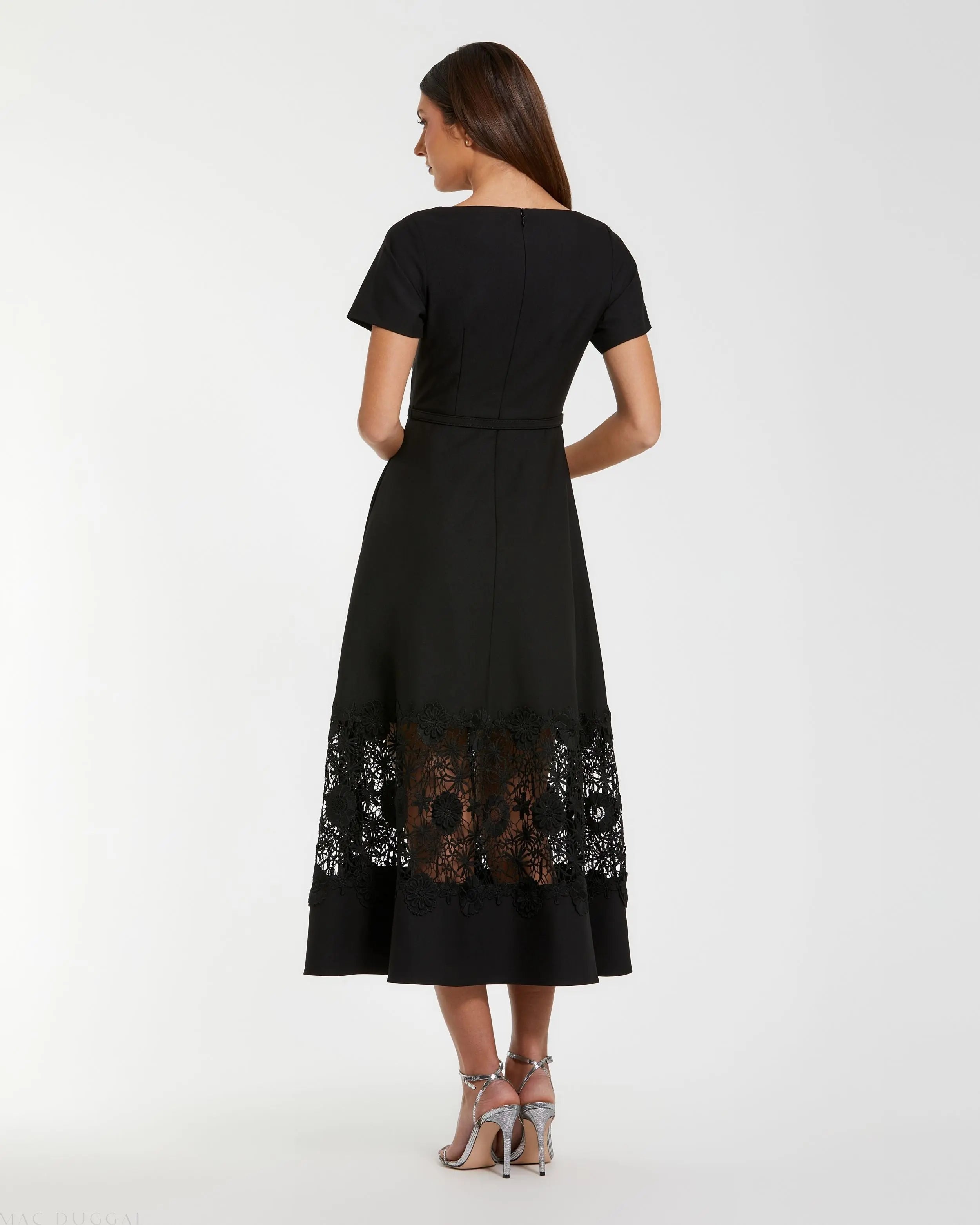 Black Crepe Boat Neck Midi Dress With Belt-Myartka