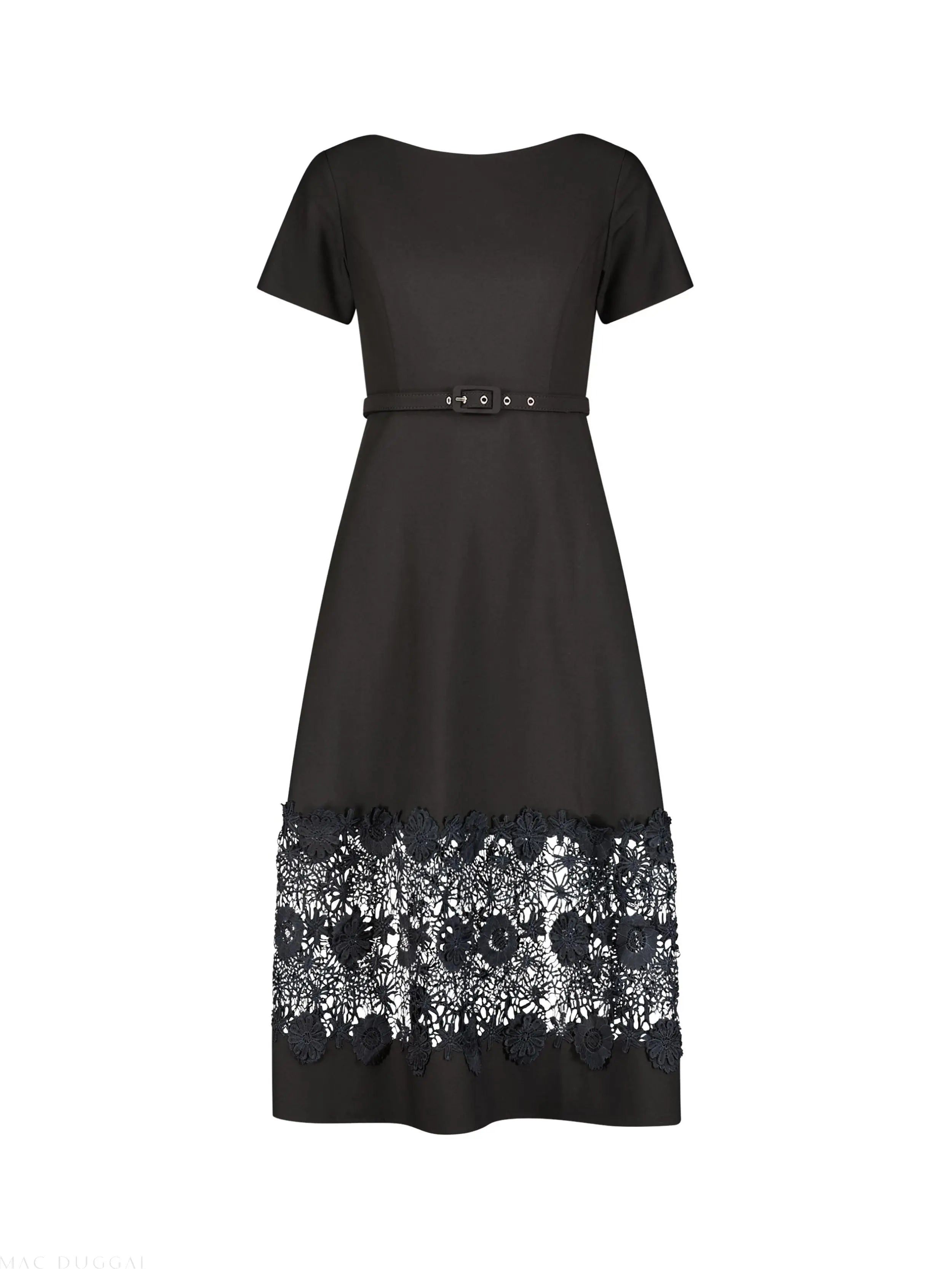 Black Crepe Boat Neck Midi Dress With Belt-Myartka