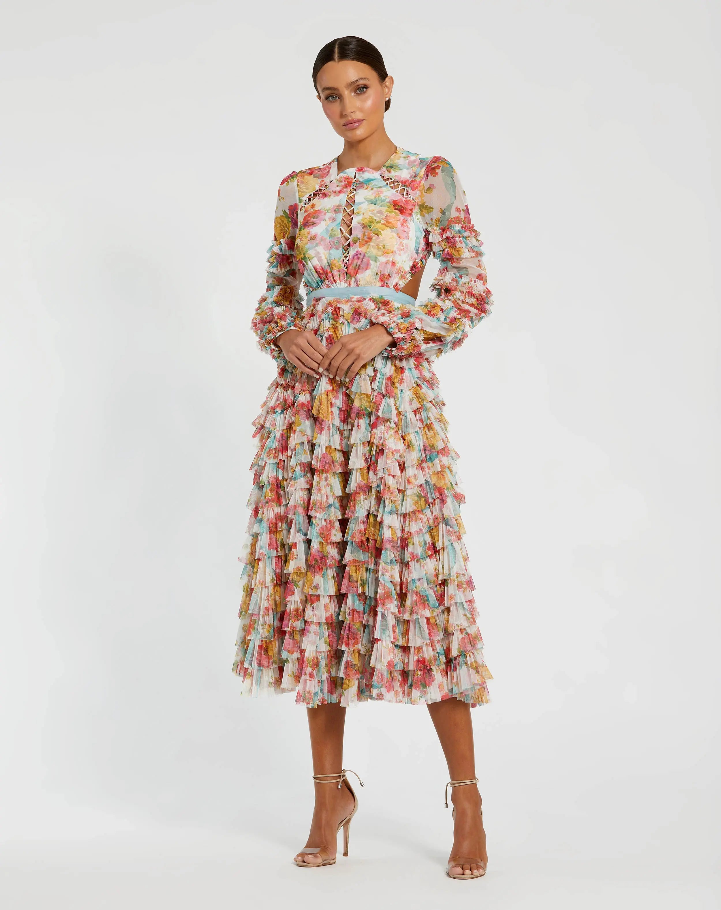 Multicolor Long Sleeve Ruffle Criss Cross Midi Dress-Myartka