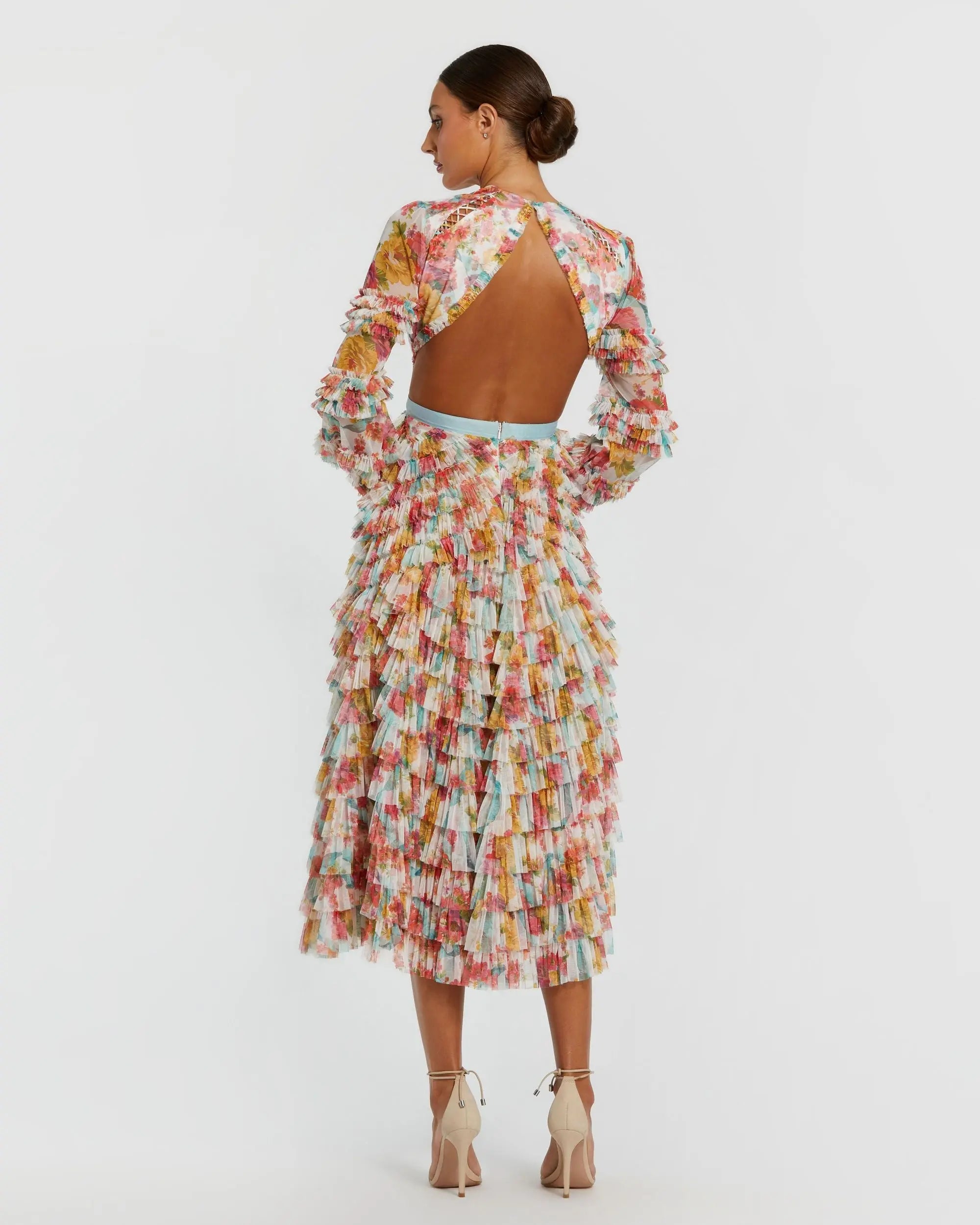 Multicolor Long Sleeve Ruffle Criss Cross Midi Dress-Myartka