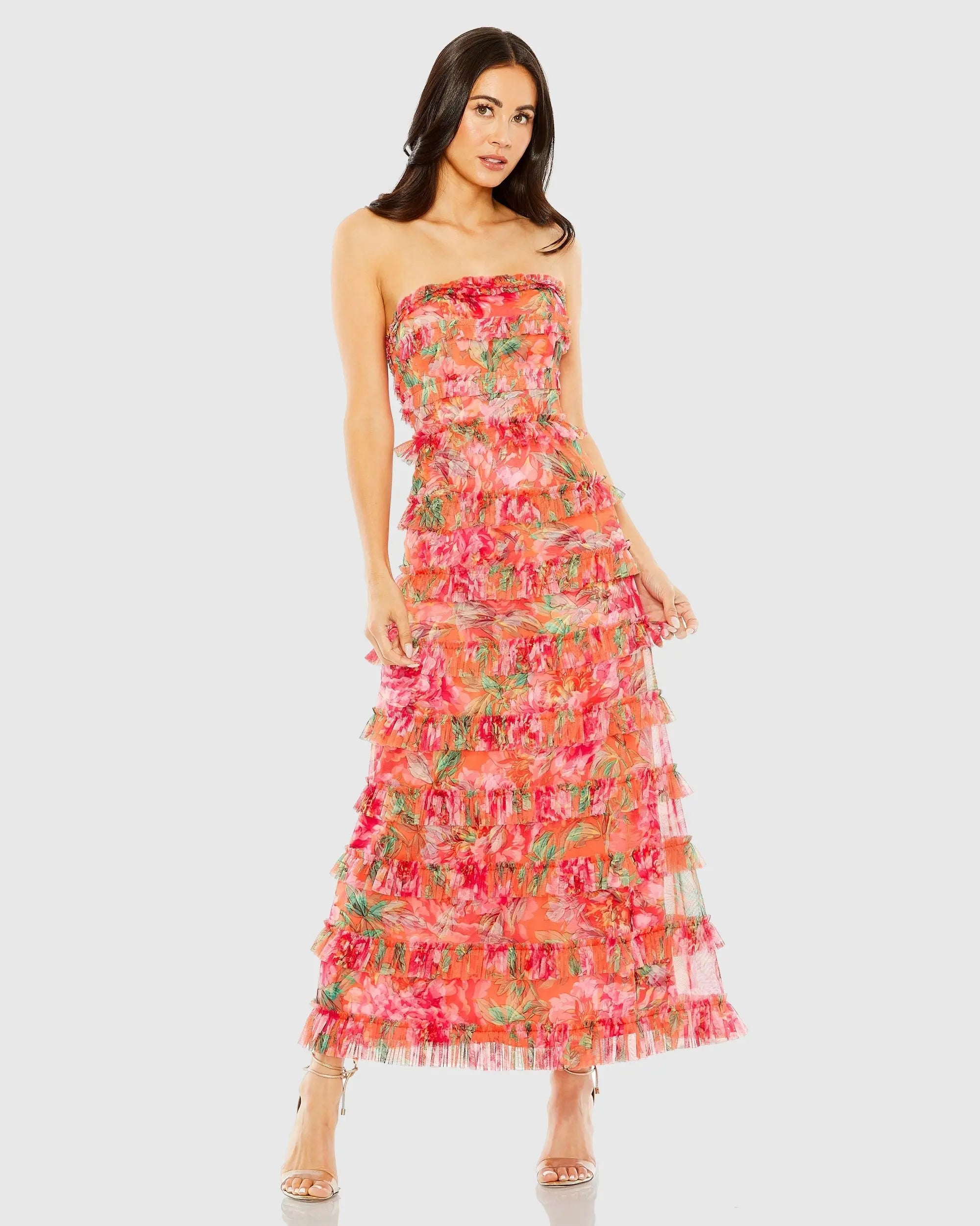 Multicolor Strapless Floral Micro Ruffle Dress-Myartka