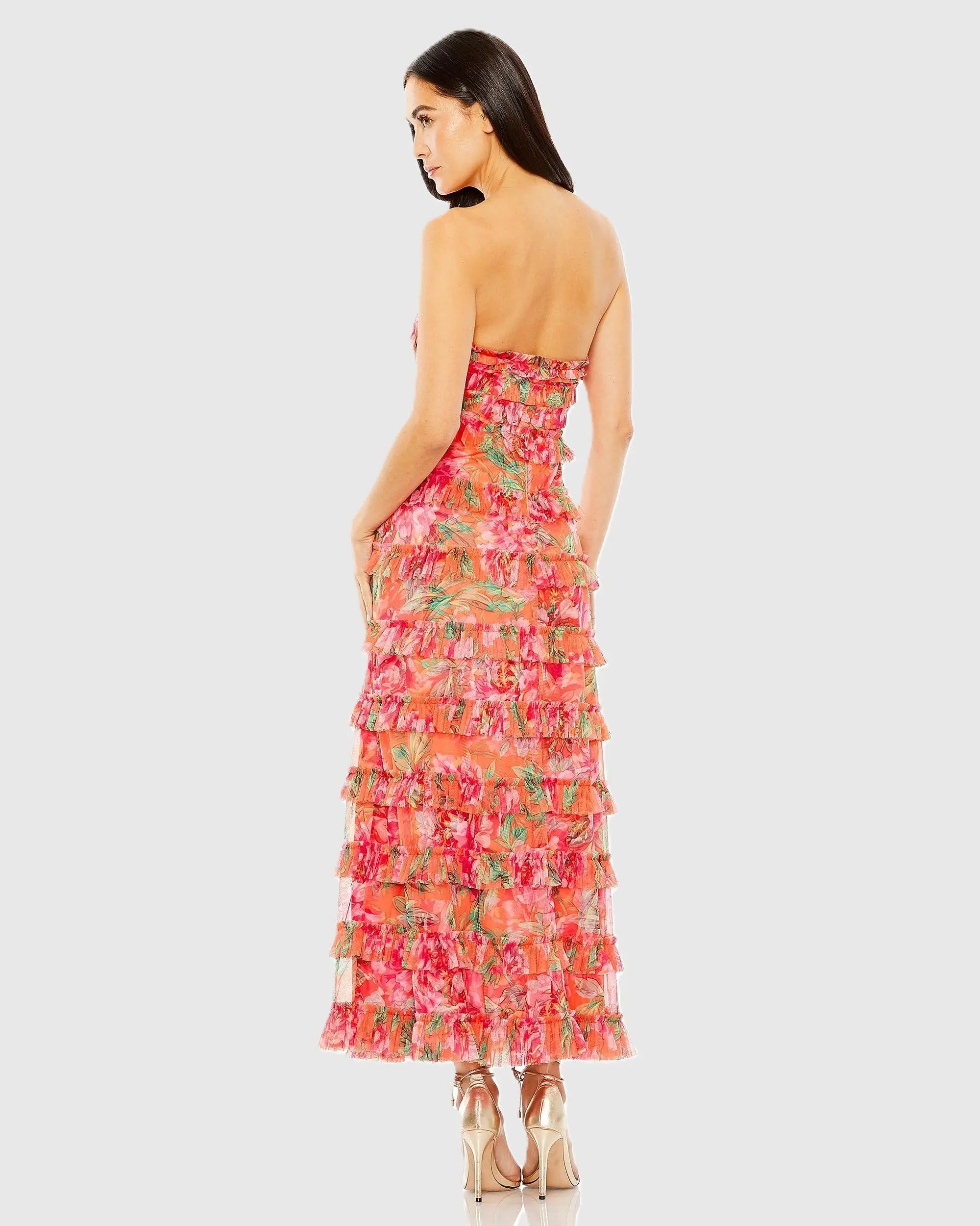 Multicolor Strapless Floral Micro Ruffle Dress-Myartka