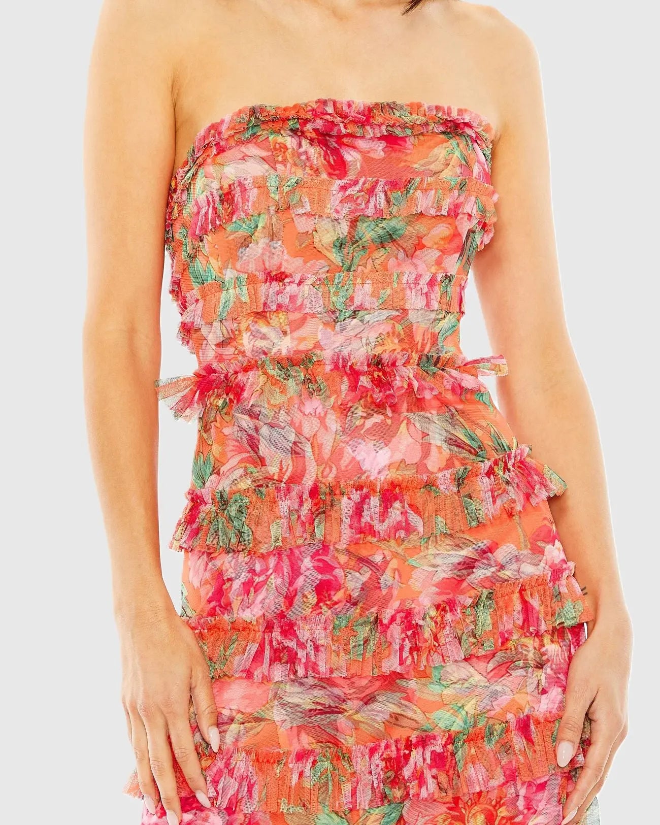 Multicolor Strapless Floral Micro Ruffle Dress-Myartka