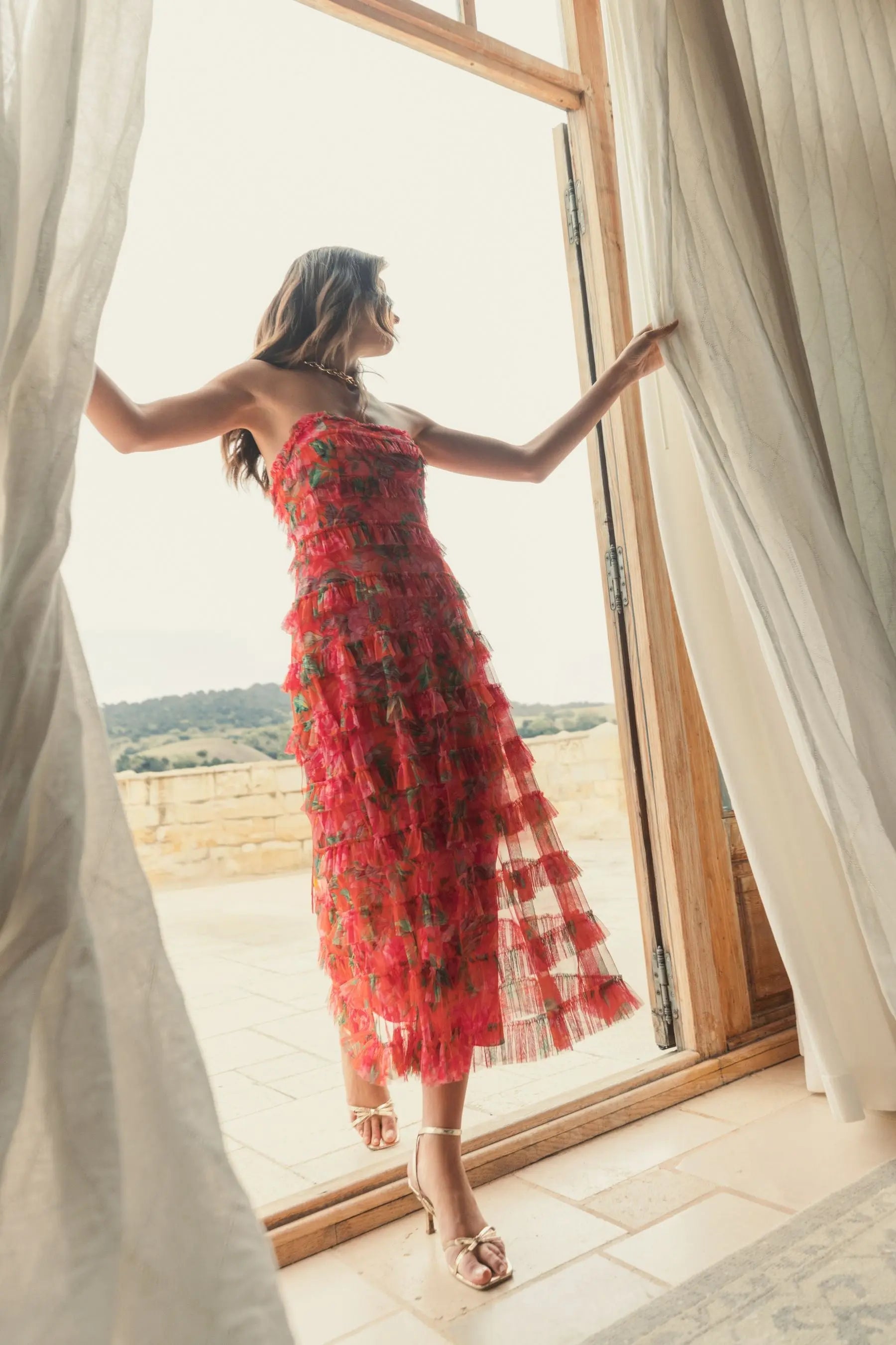 Multicolor Strapless Floral Micro Ruffle Dress-Myartka