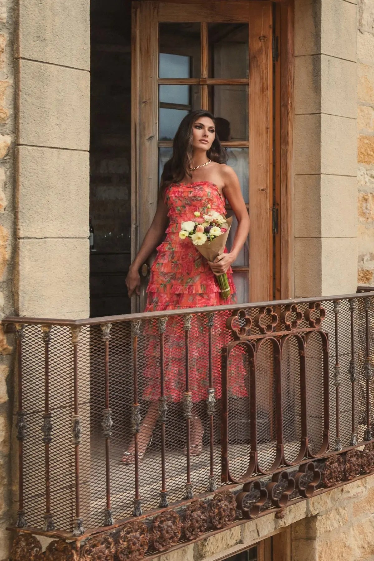 Multicolor Strapless Floral Micro Ruffle Dress-Myartka