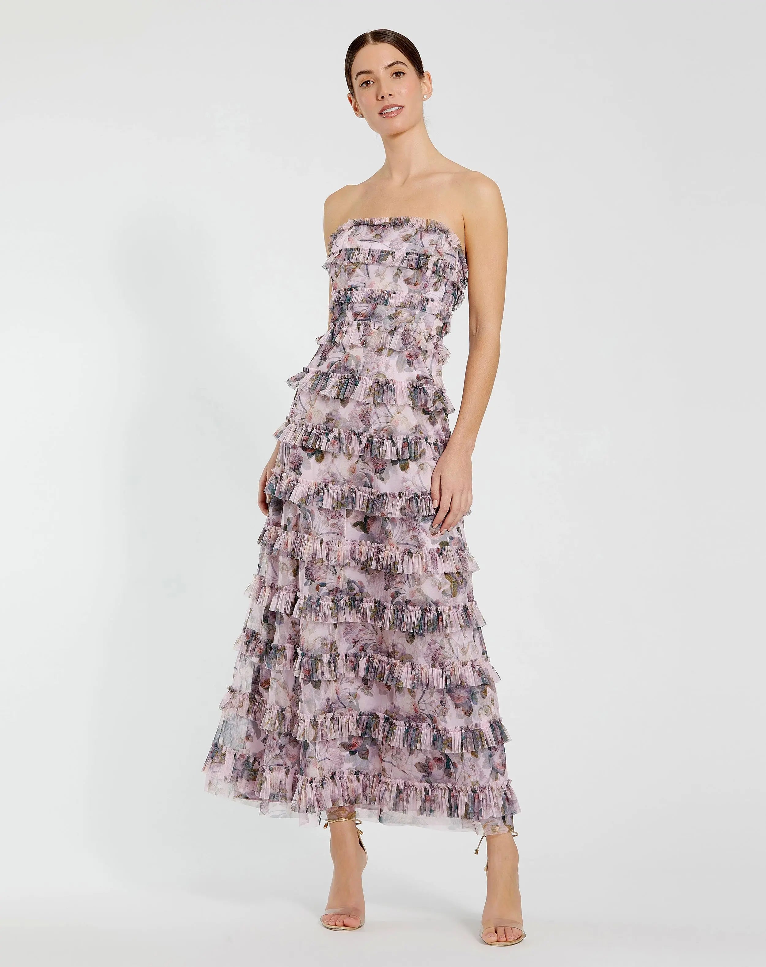 Strapless Floral Micro Ruffle Dress-Myartka