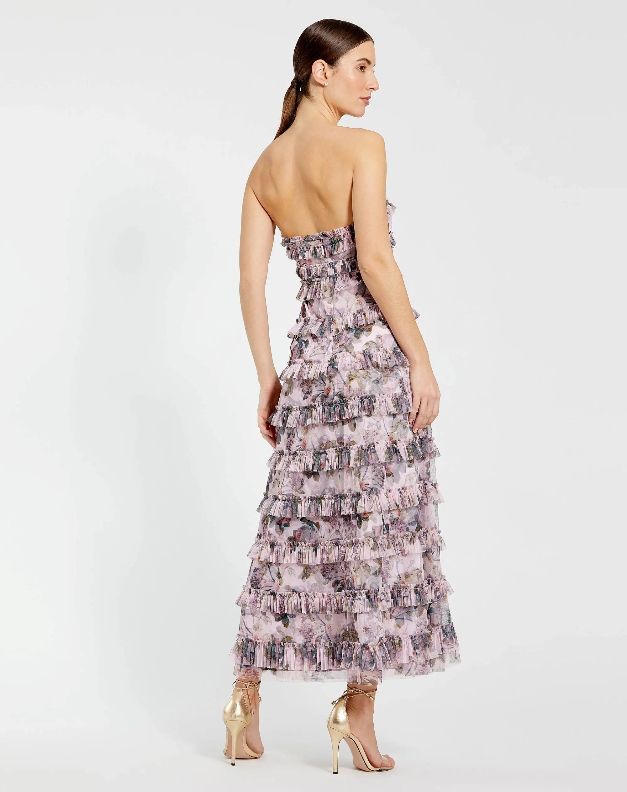 Purple Strapless Floral Micro Ruffle Dress-Myartka