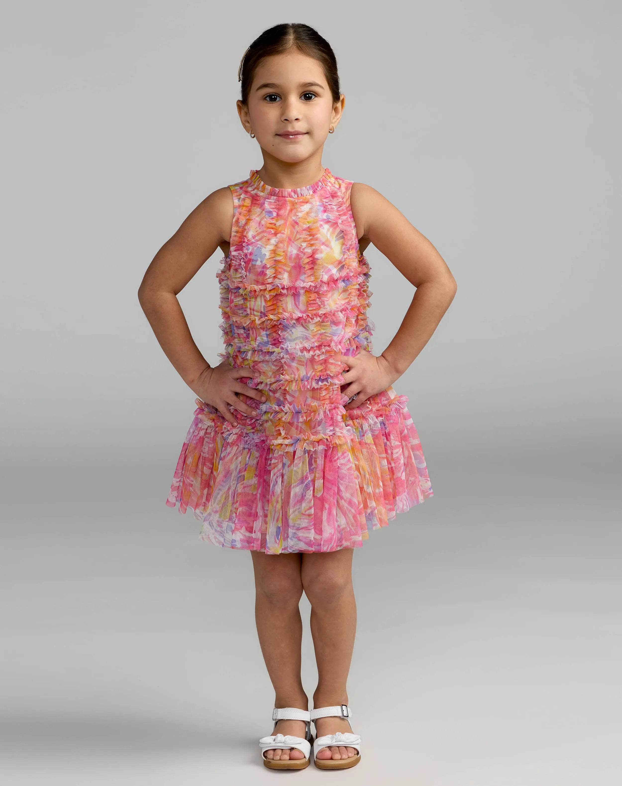 Girls Multicolor Floral High Neck Sleeveless Ruffled Dress-Myartka
