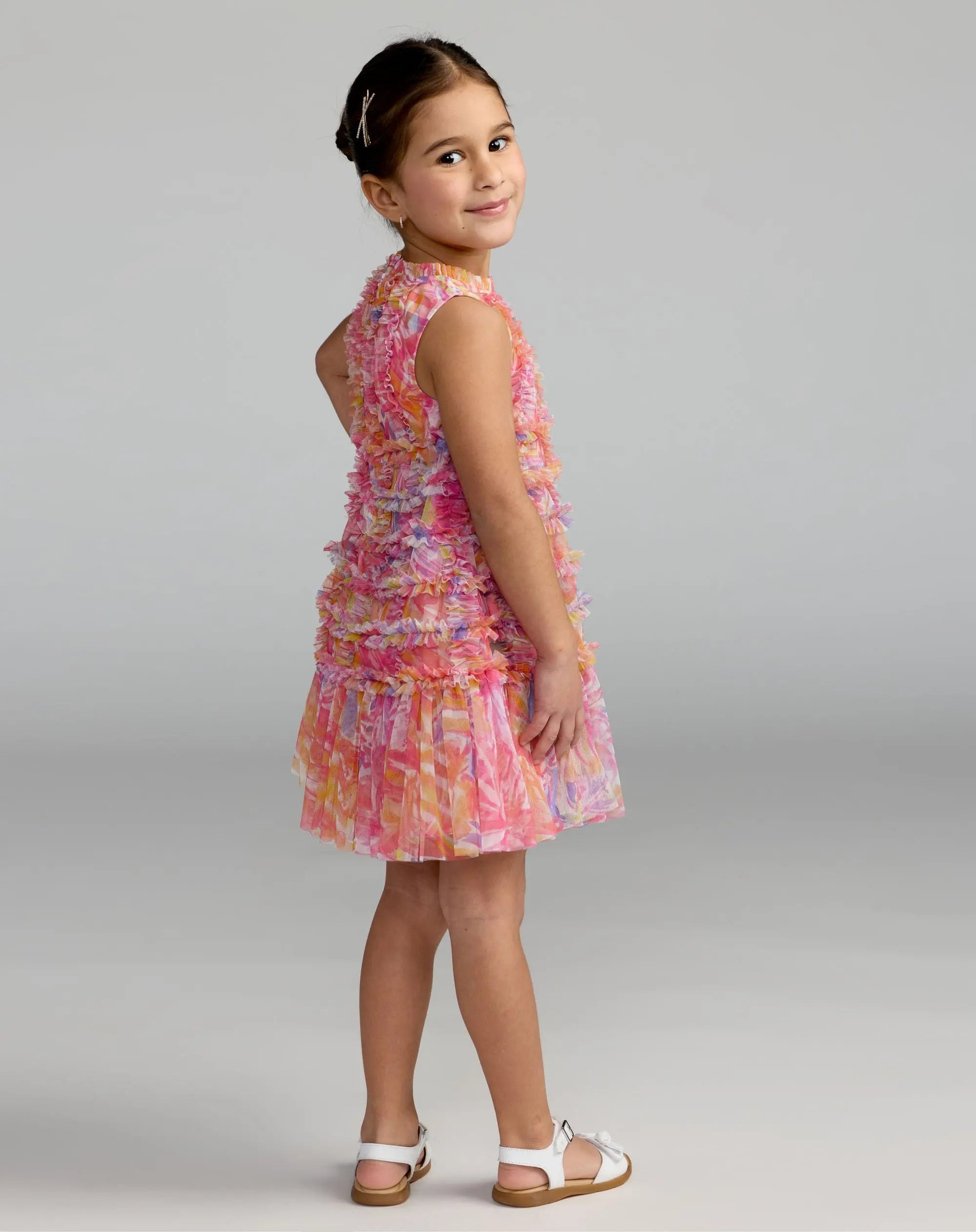 Girls Multicolor Floral High Neck Sleeveless Ruffled Dress-Myartka