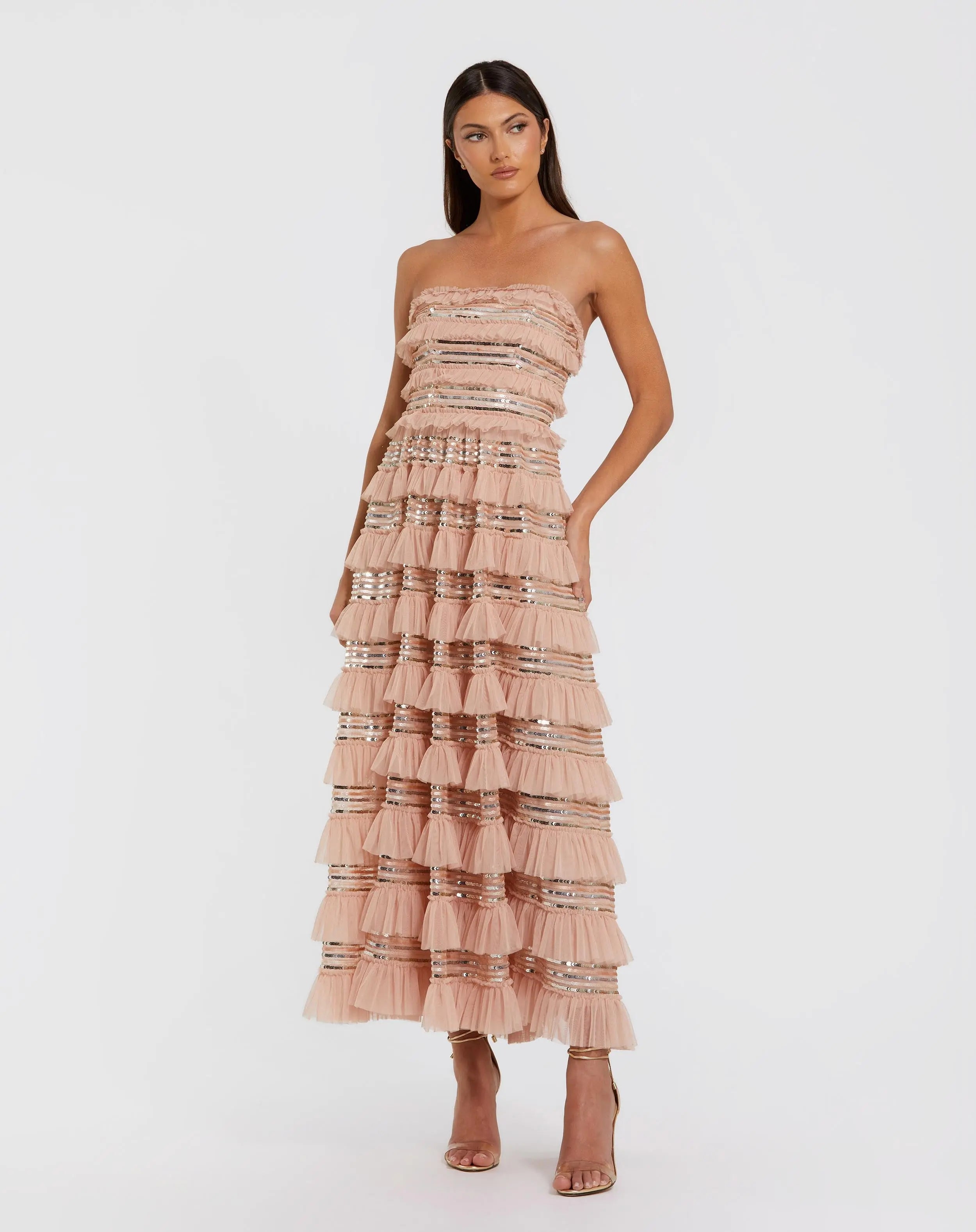 Pink Strapless Sequin Micro Ruffle Maxi Dress-Myartka
