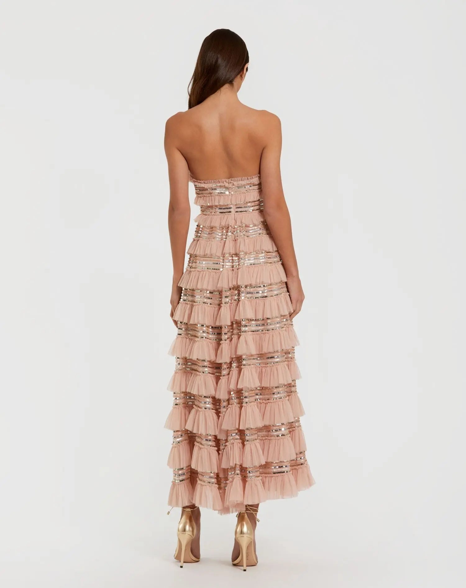 Pink Strapless Sequin Micro Ruffle Maxi Dress-Myartka