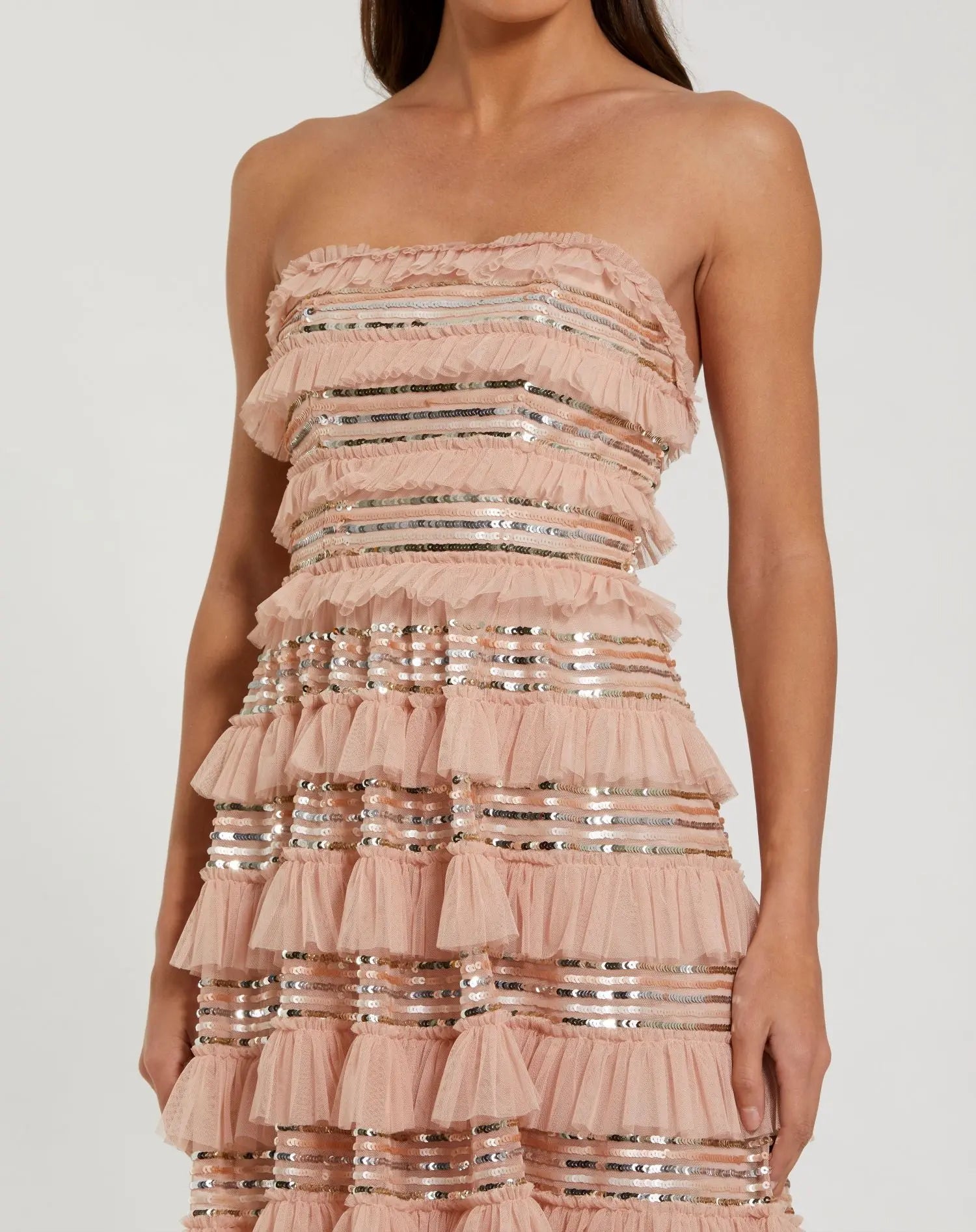 Pink Strapless Sequin Micro Ruffle Maxi Dress-Myartka