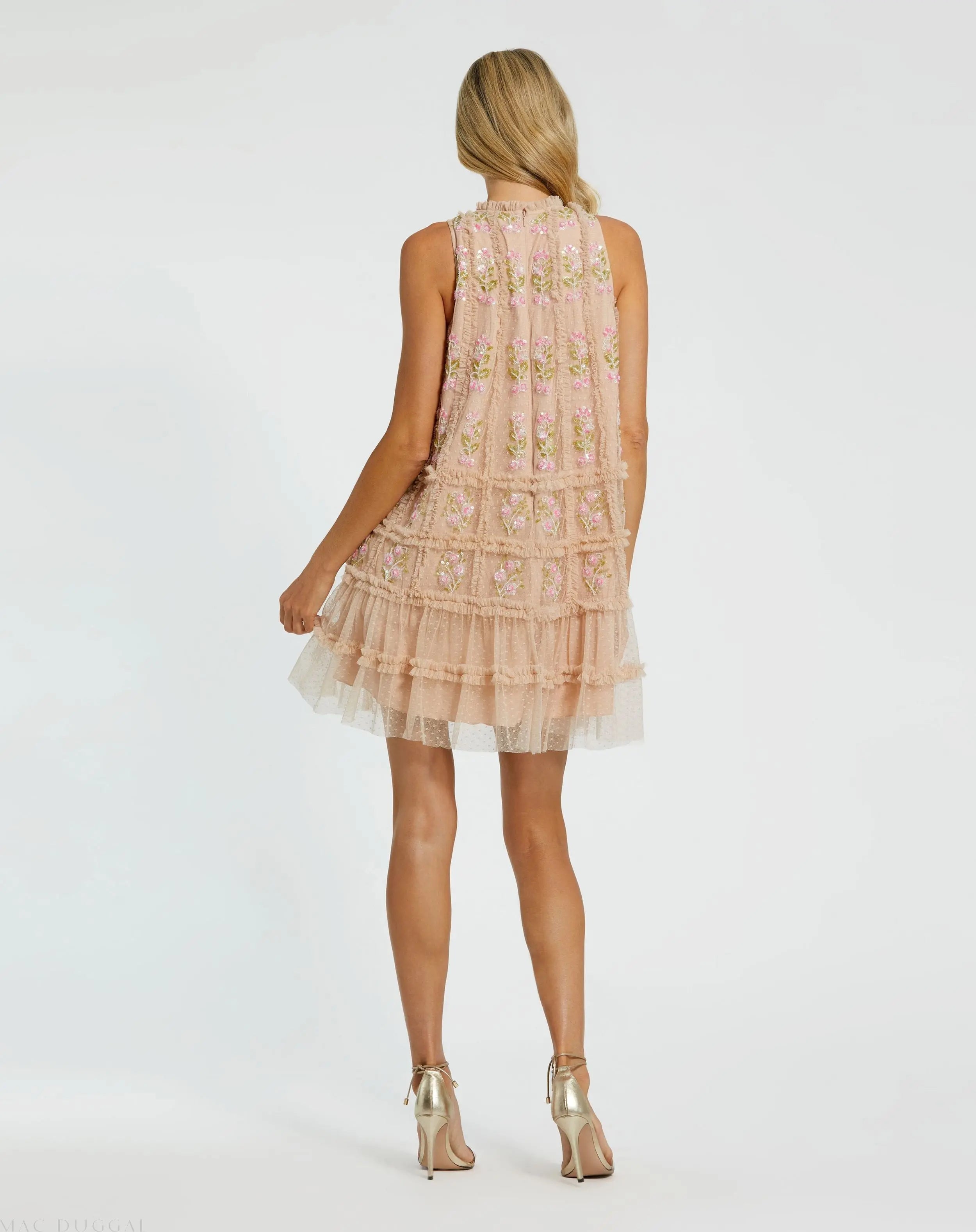 Beige Sleeveless High Neck Beaded Ruffle Mini Dress-Myartka