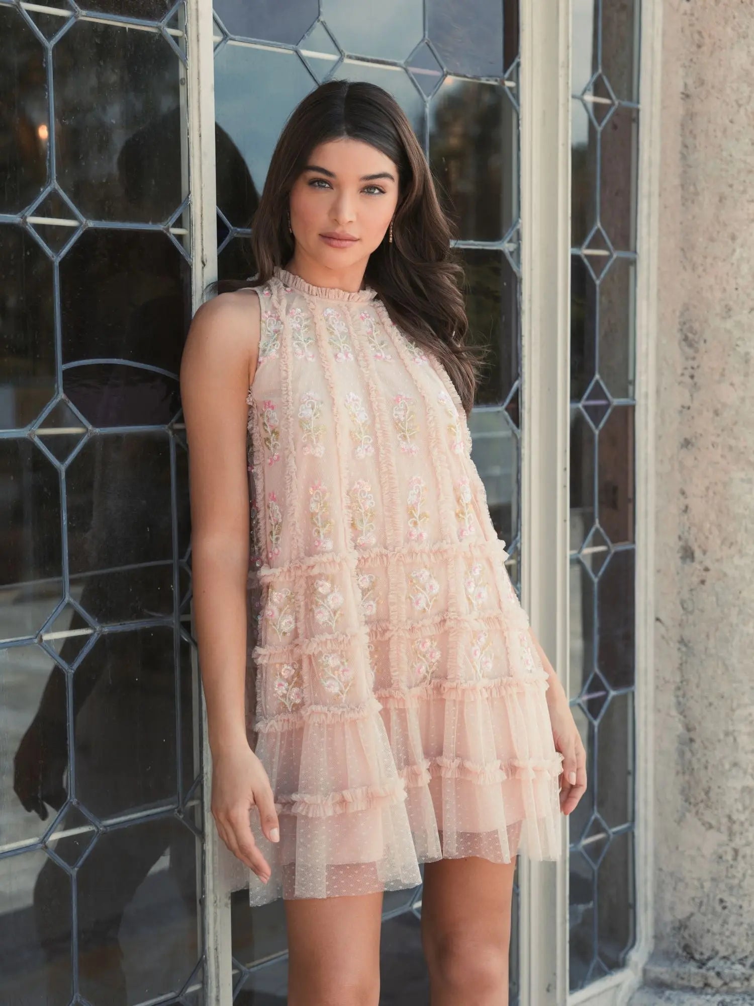 Beige Sleeveless High Neck Beaded Ruffle Mini Dress-Myartka