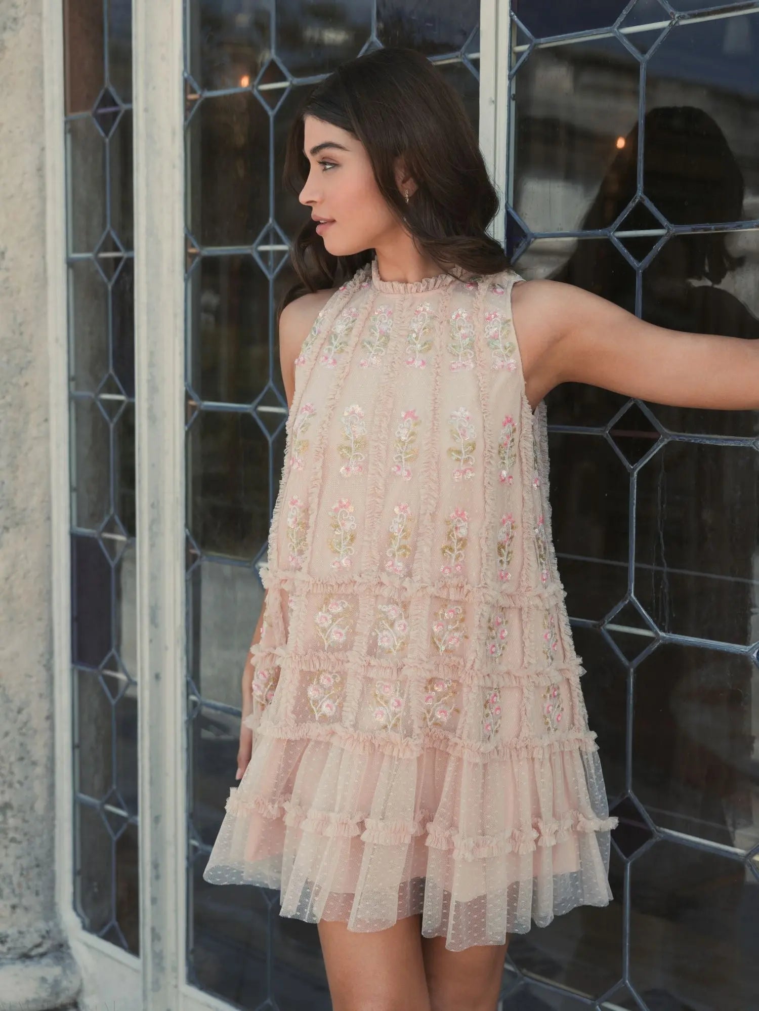 Beige Sleeveless High Neck Beaded Ruffle Mini Dress-Myartka