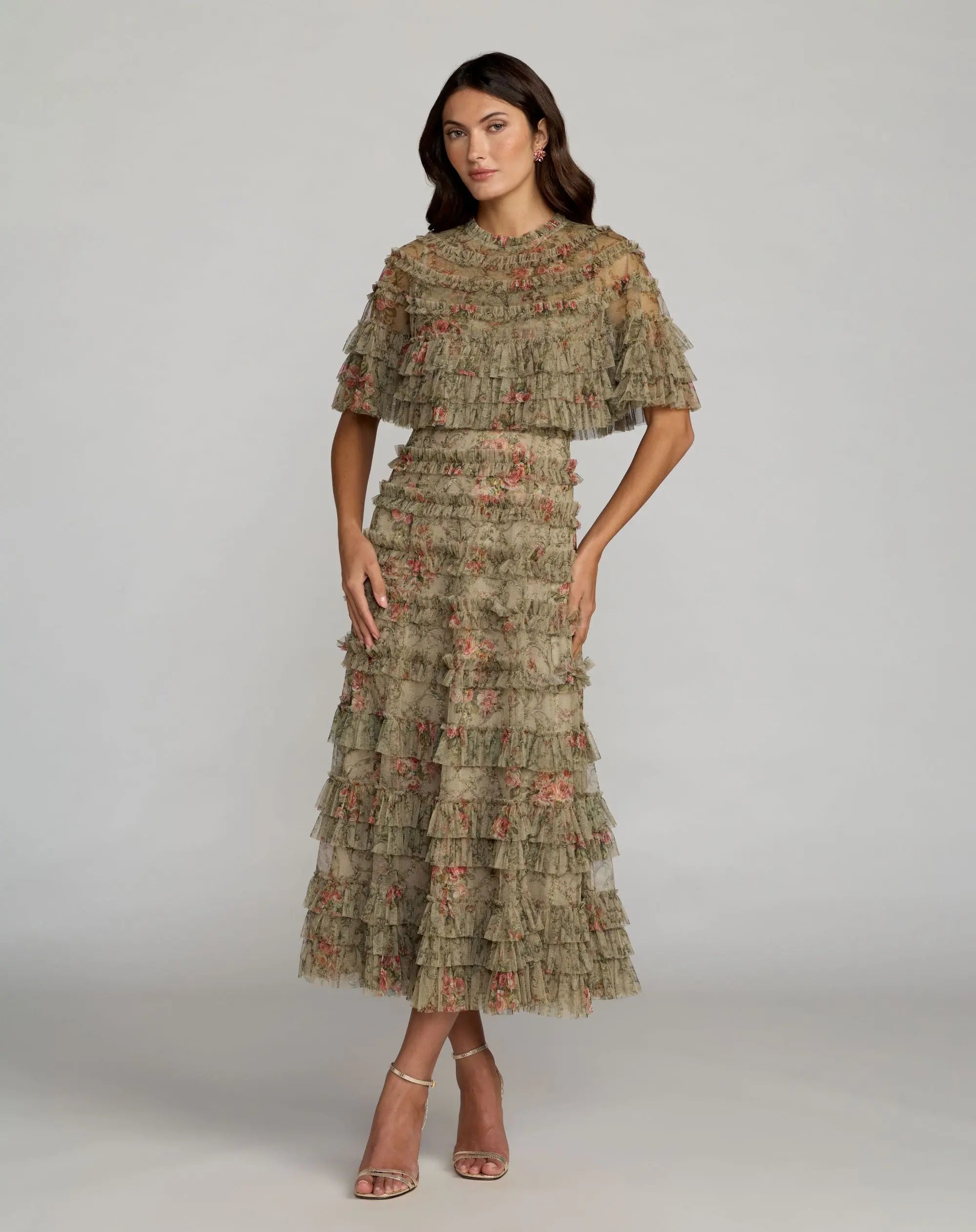 Green Floral Ruffle Midi Dress With Cape-Myartka