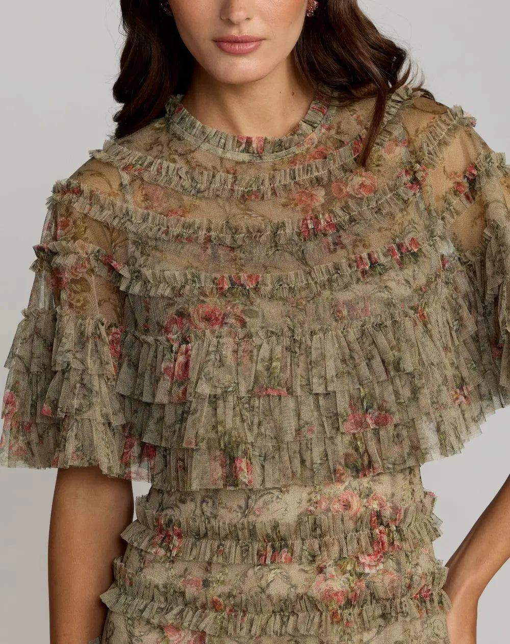 Green Floral Ruffle Midi Dress With Cape-Myartka