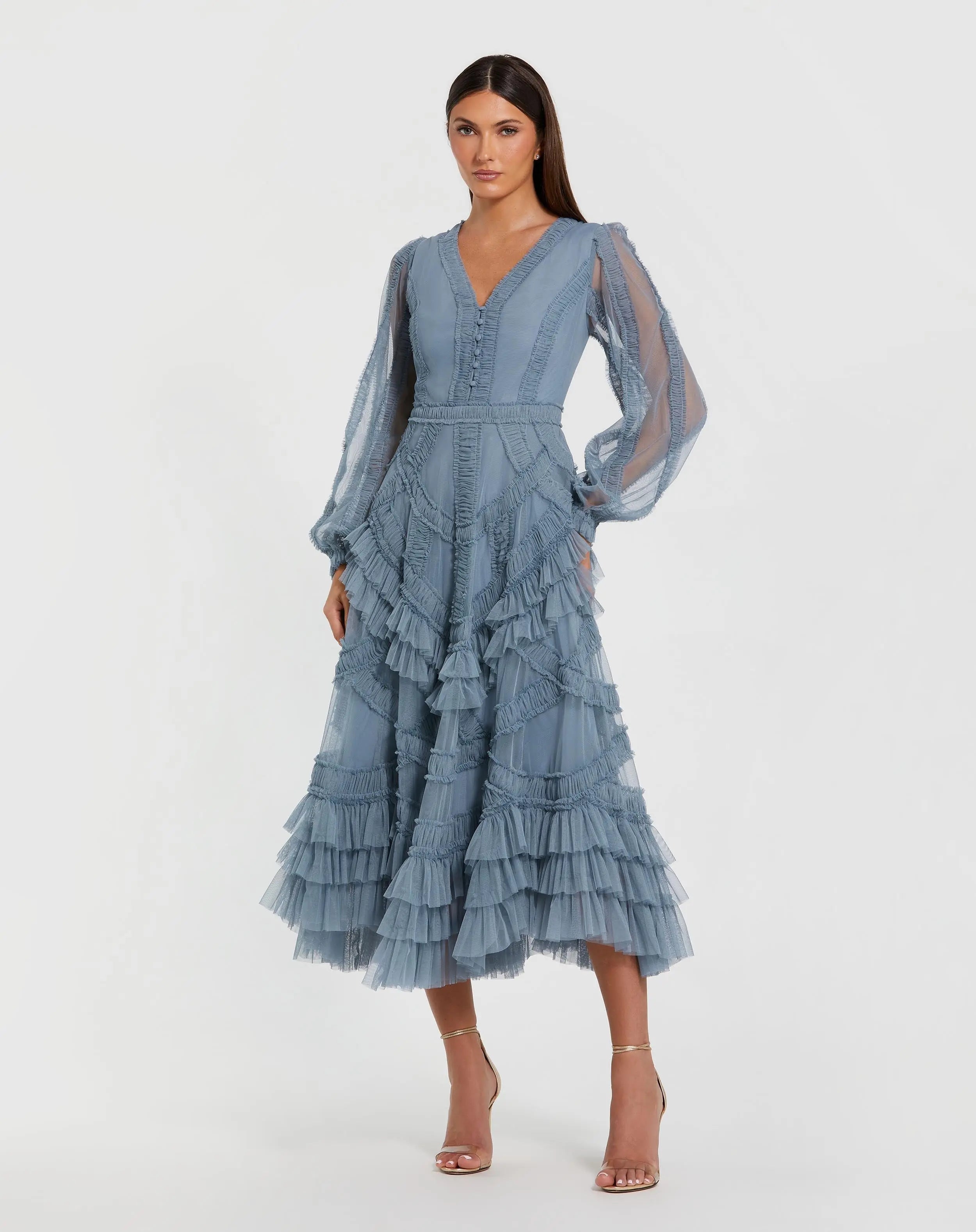 Blue Long Sleeve V-Neck Micro Ruffle Midi Dress-Myartka