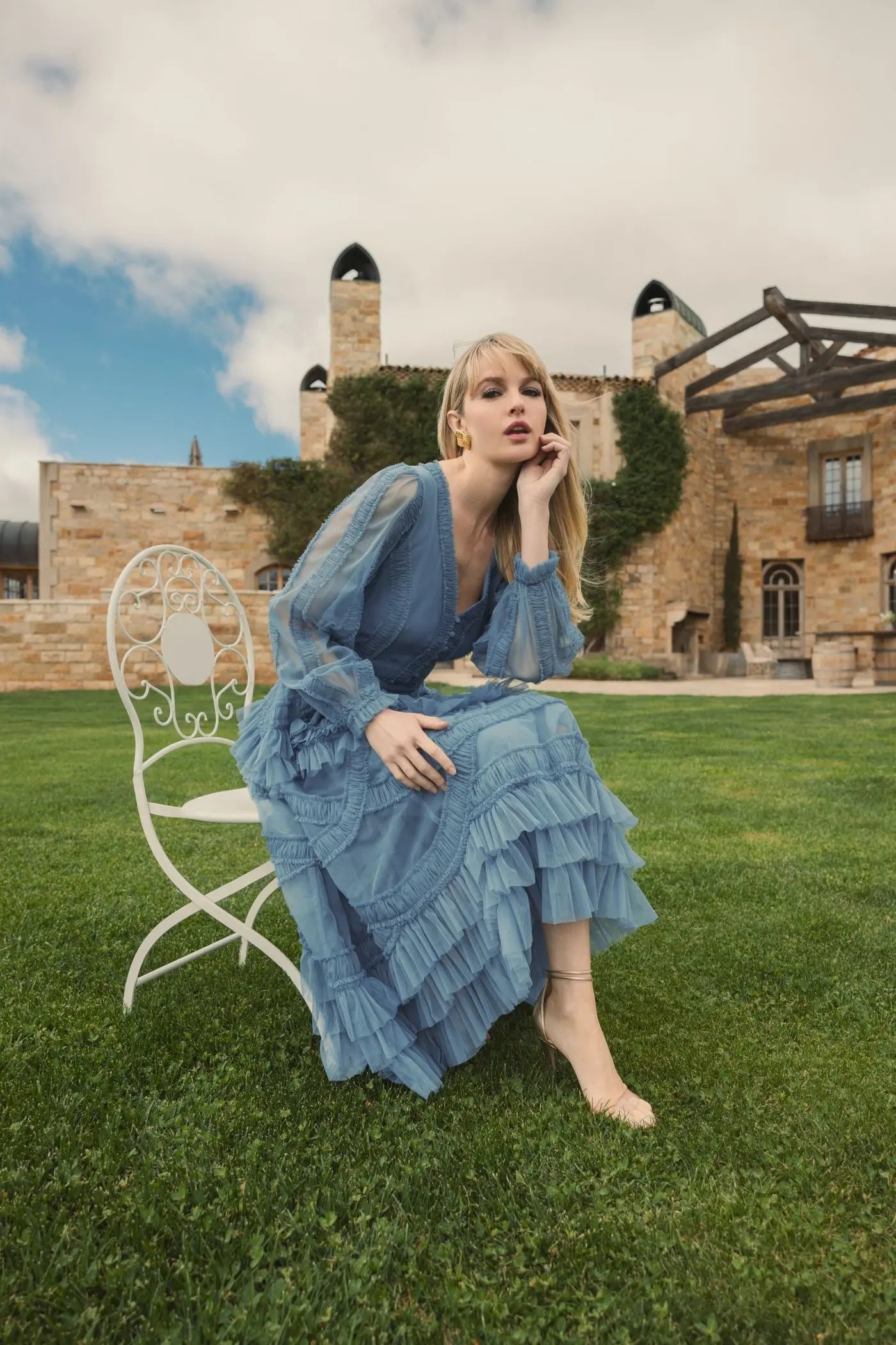 Blue Long Sleeve V-Neck Micro Ruffle Midi Dress-Myartka