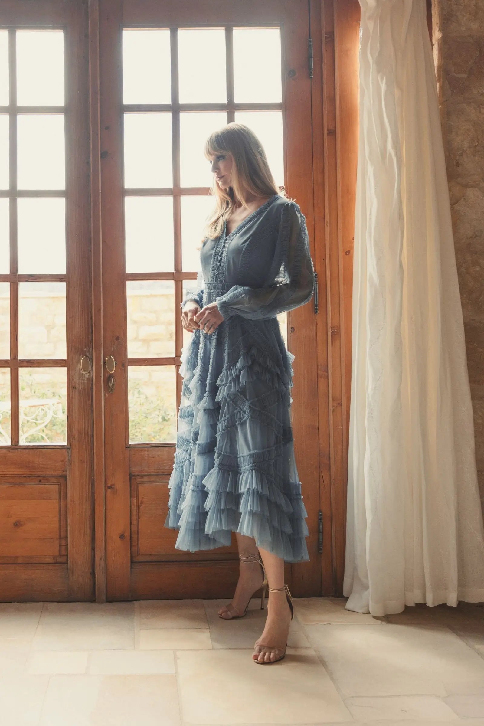 Blue Long Sleeve V-Neck Micro Ruffle Midi Dress-Myartka