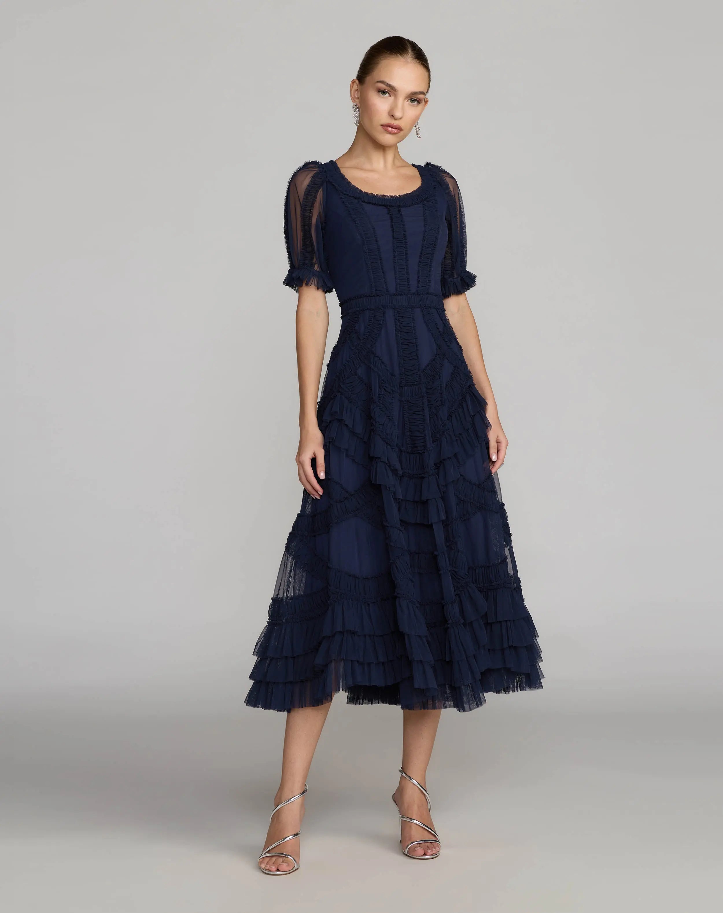 Navy Short Sleeve Micro Ruffle Midi Dress-Myartka