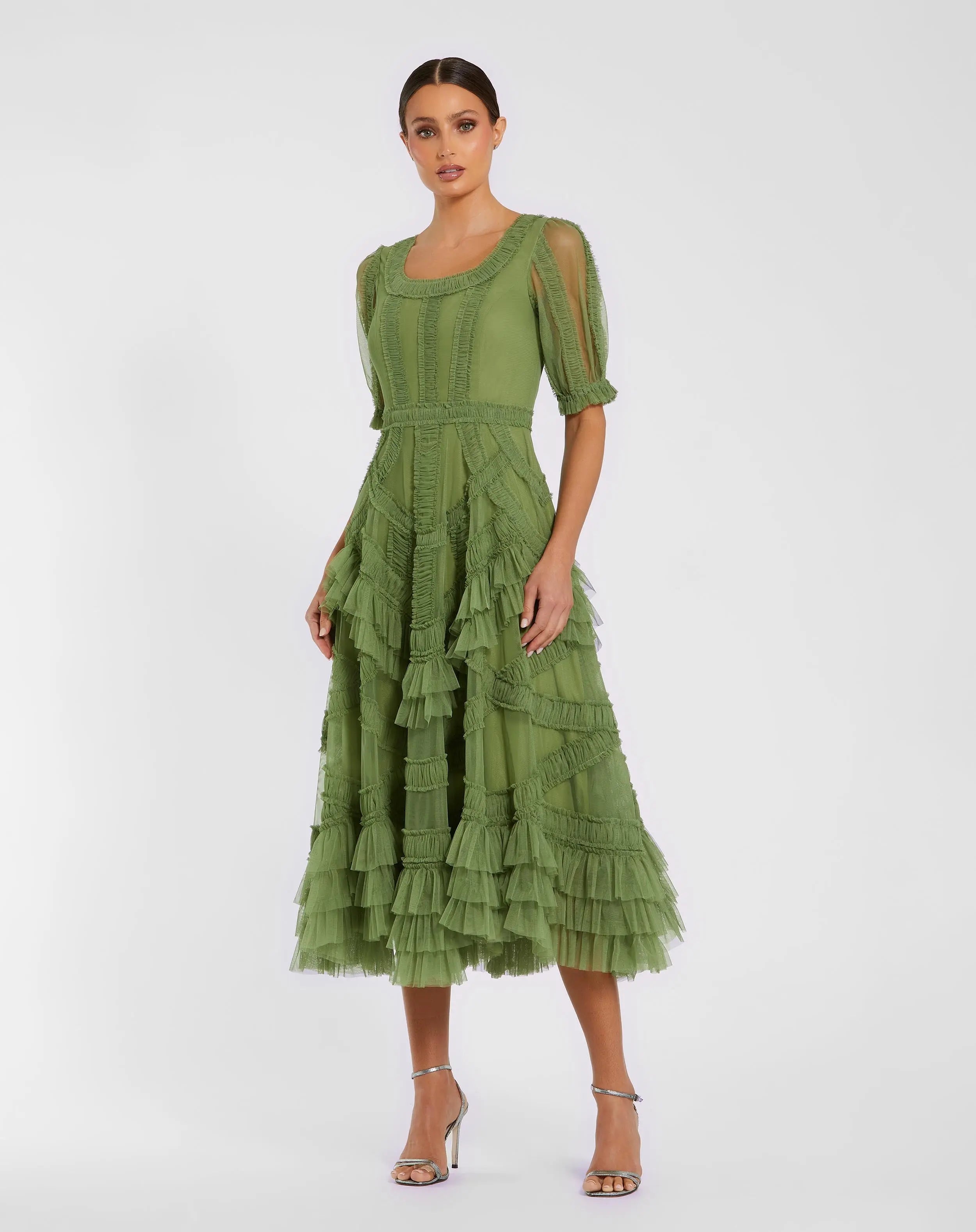 Green Short Sleeve Micro Ruffle Midi Dress-Myartka