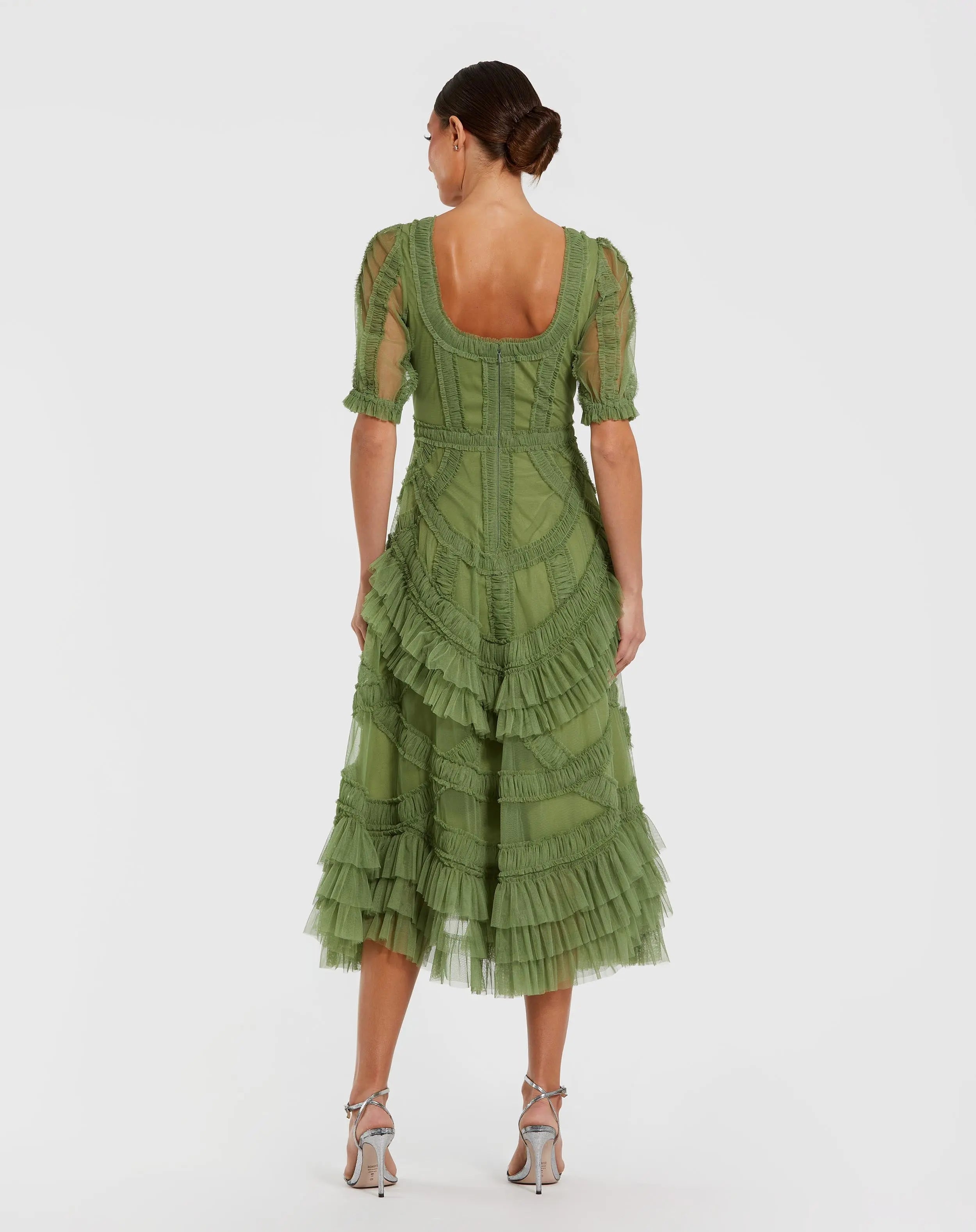 Green Short Sleeve Micro Ruffle Midi Dress-Myartka