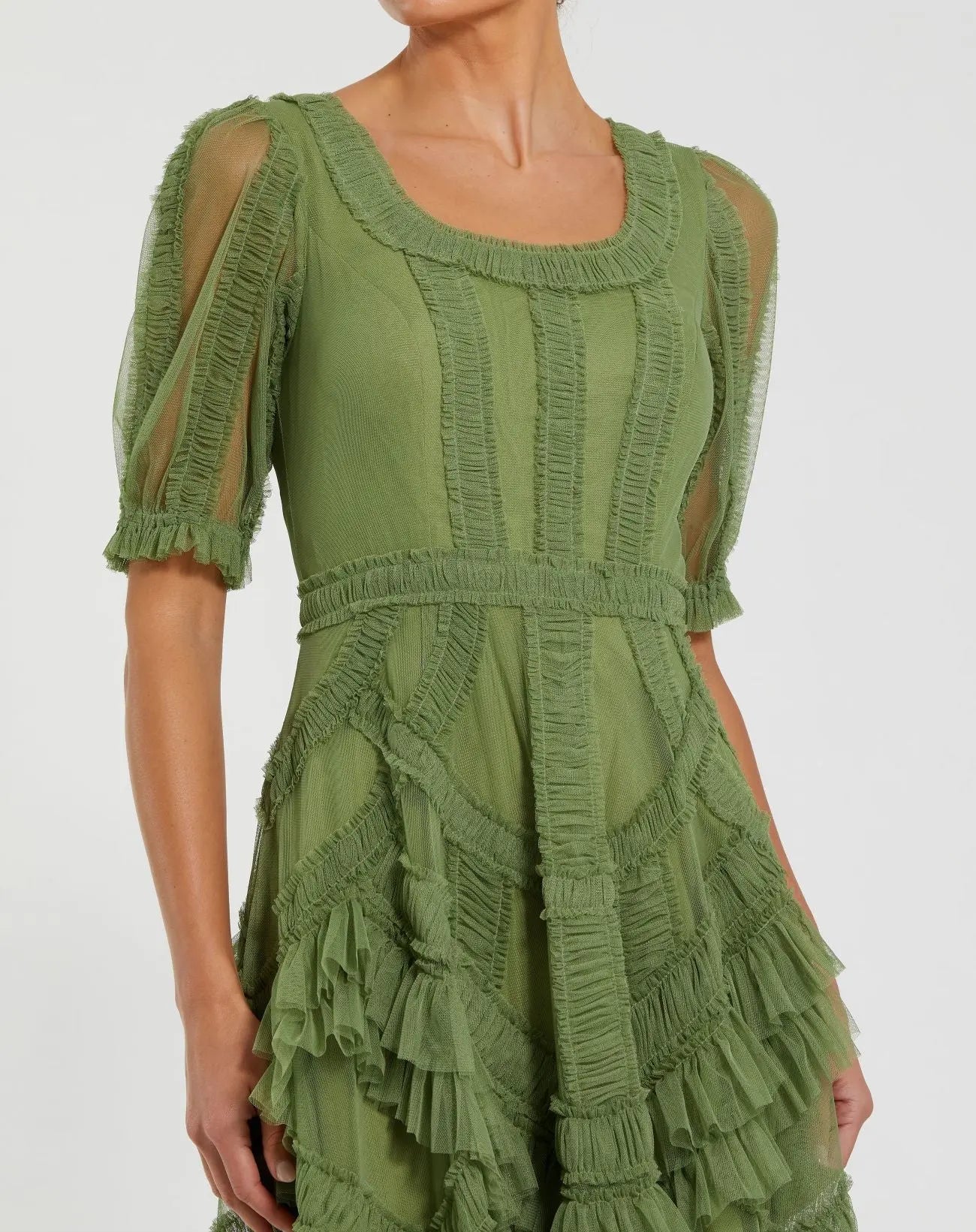 Green Short Sleeve Micro Ruffle Midi Dress-Myartka