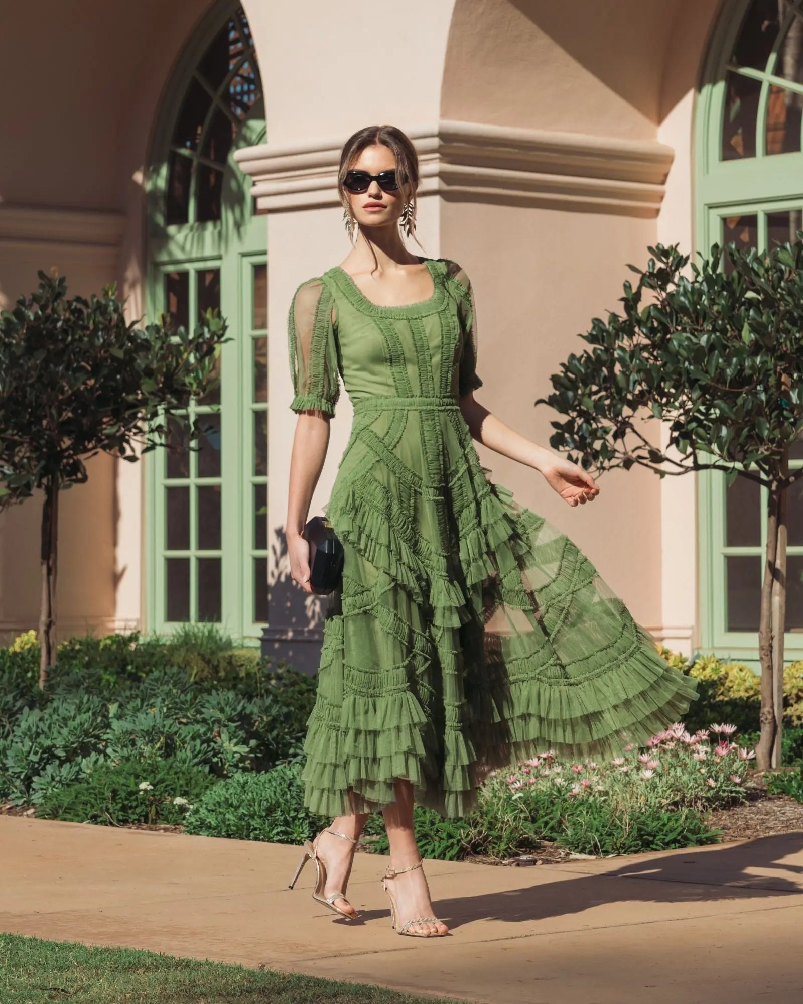 Green Short Sleeve Micro Ruffle Midi Dress-Myartka