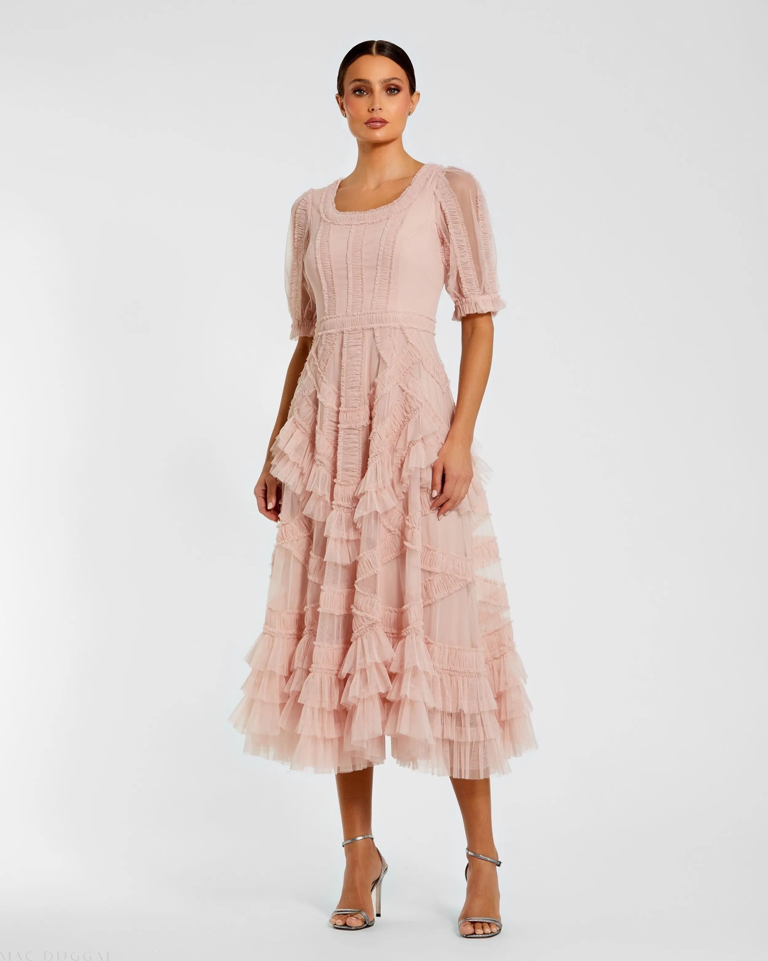 Pink Short Sleeve Micro Ruffle Midi Dress-Myartka