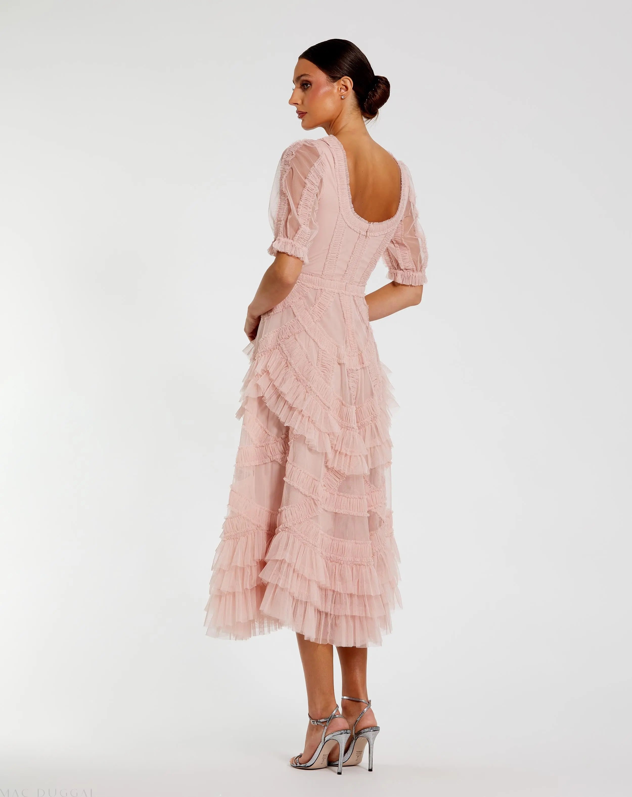 Pink Short Sleeve Micro Ruffle Midi Dress-Myartka