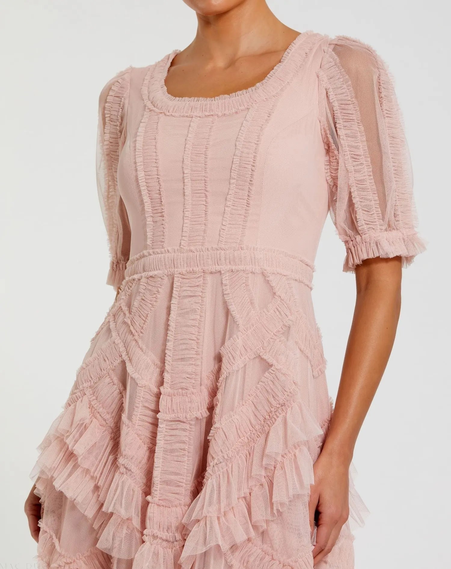 Pink Short Sleeve Micro Ruffle Midi Dress-Myartka
