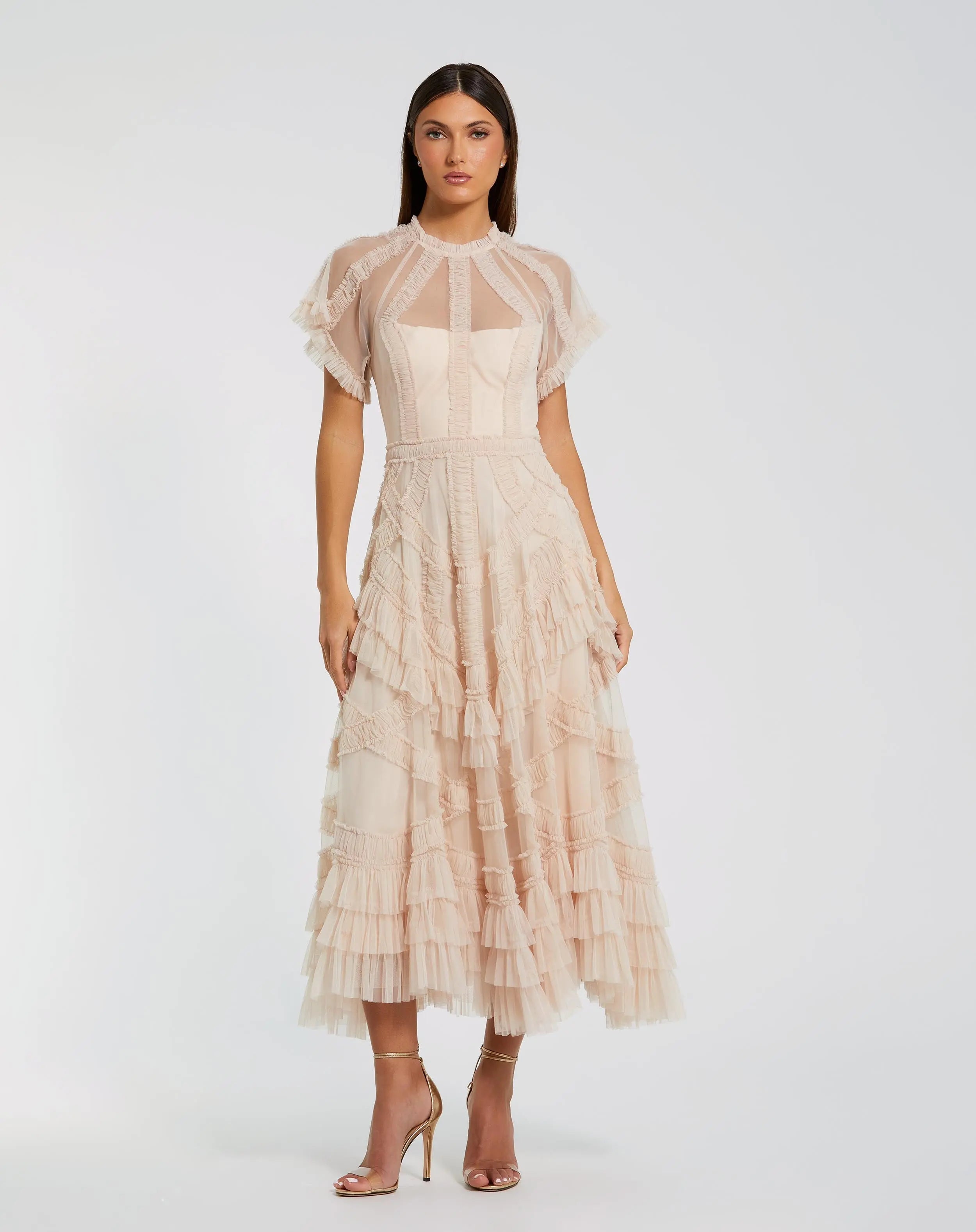 Pink Flutter Sleeve Micro Ruffle Midi Dress-Myartka