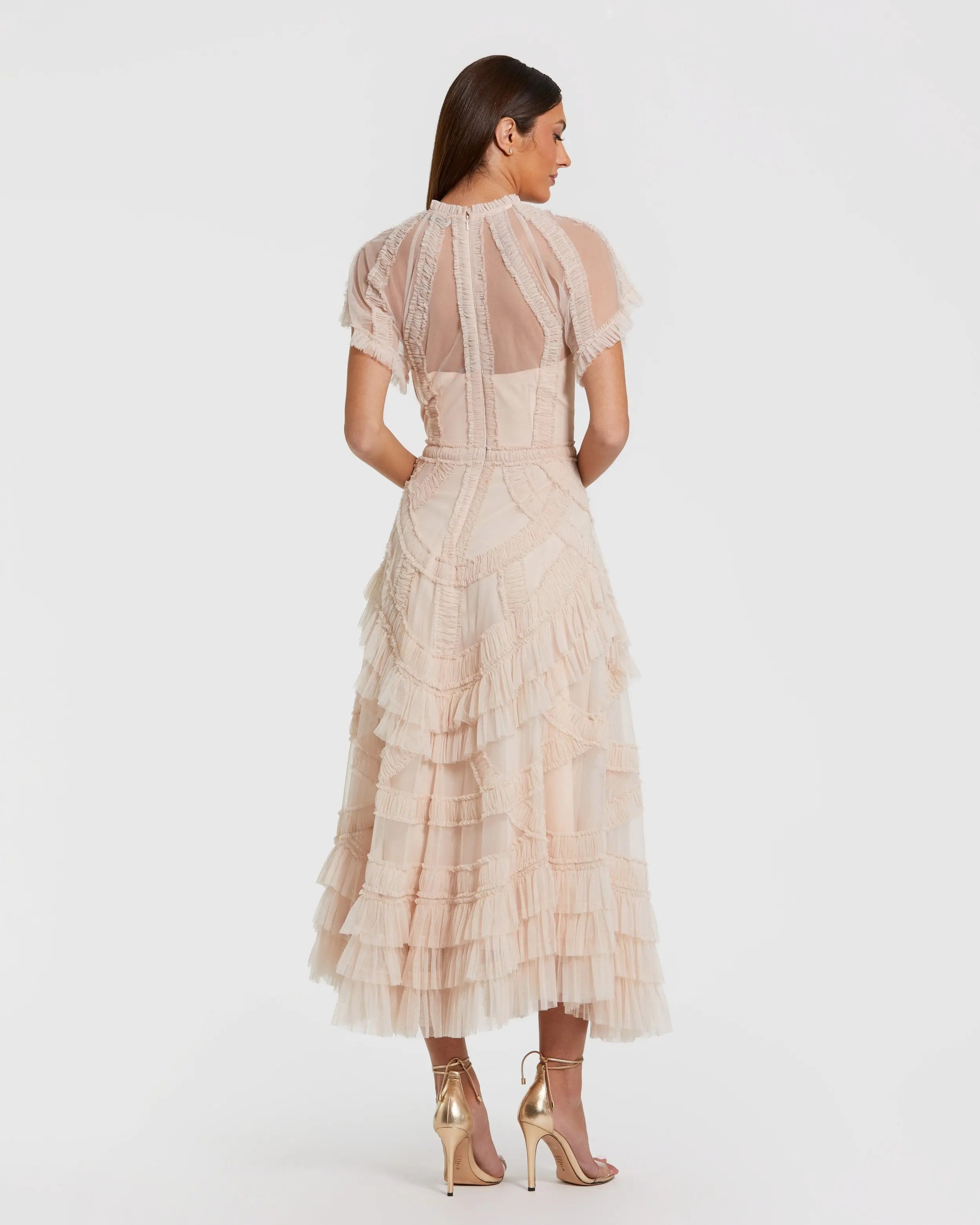Pink Flutter Sleeve Micro Ruffle Midi Dress-Myartka