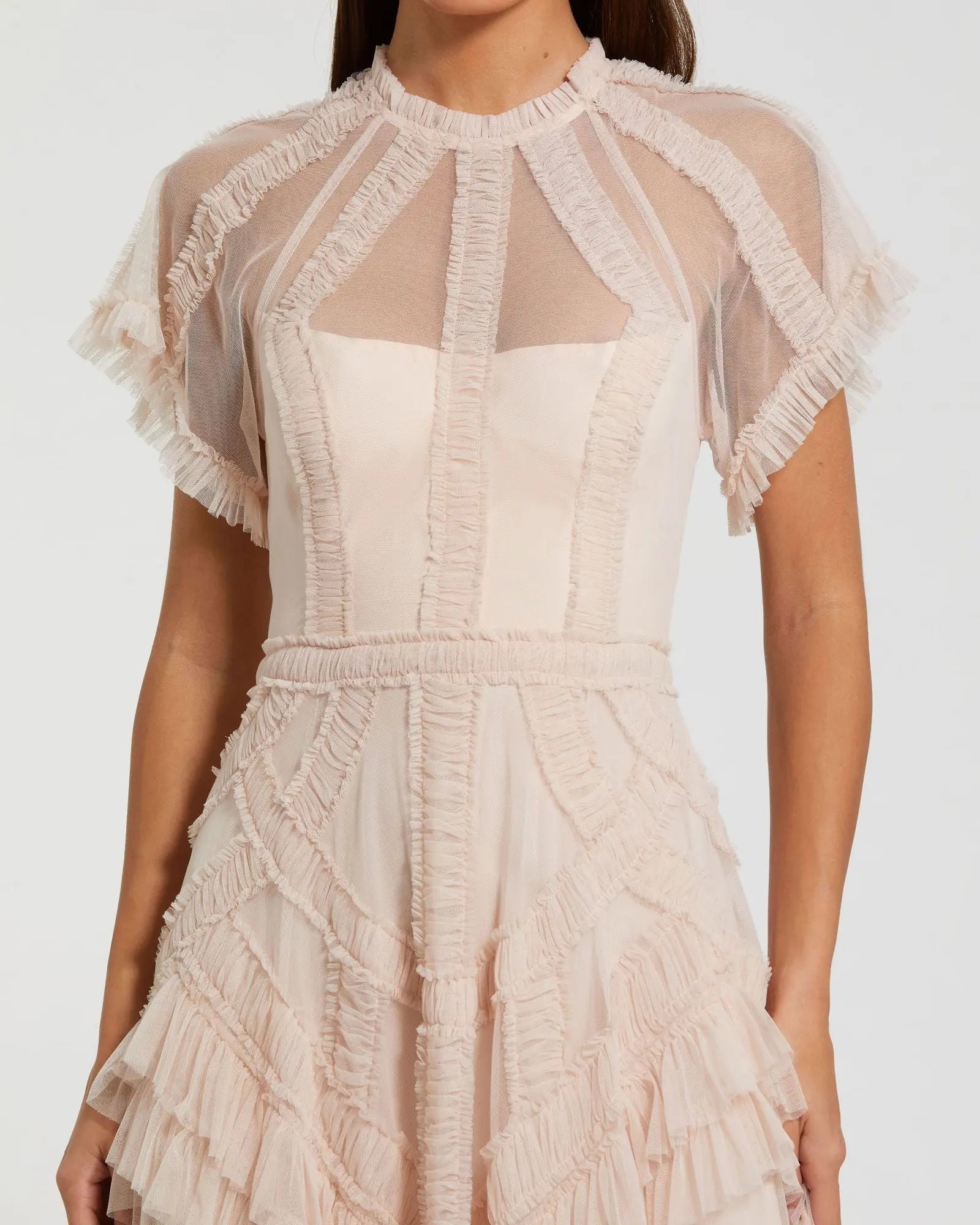 Pink Flutter Sleeve Micro Ruffle Midi Dress-Myartka