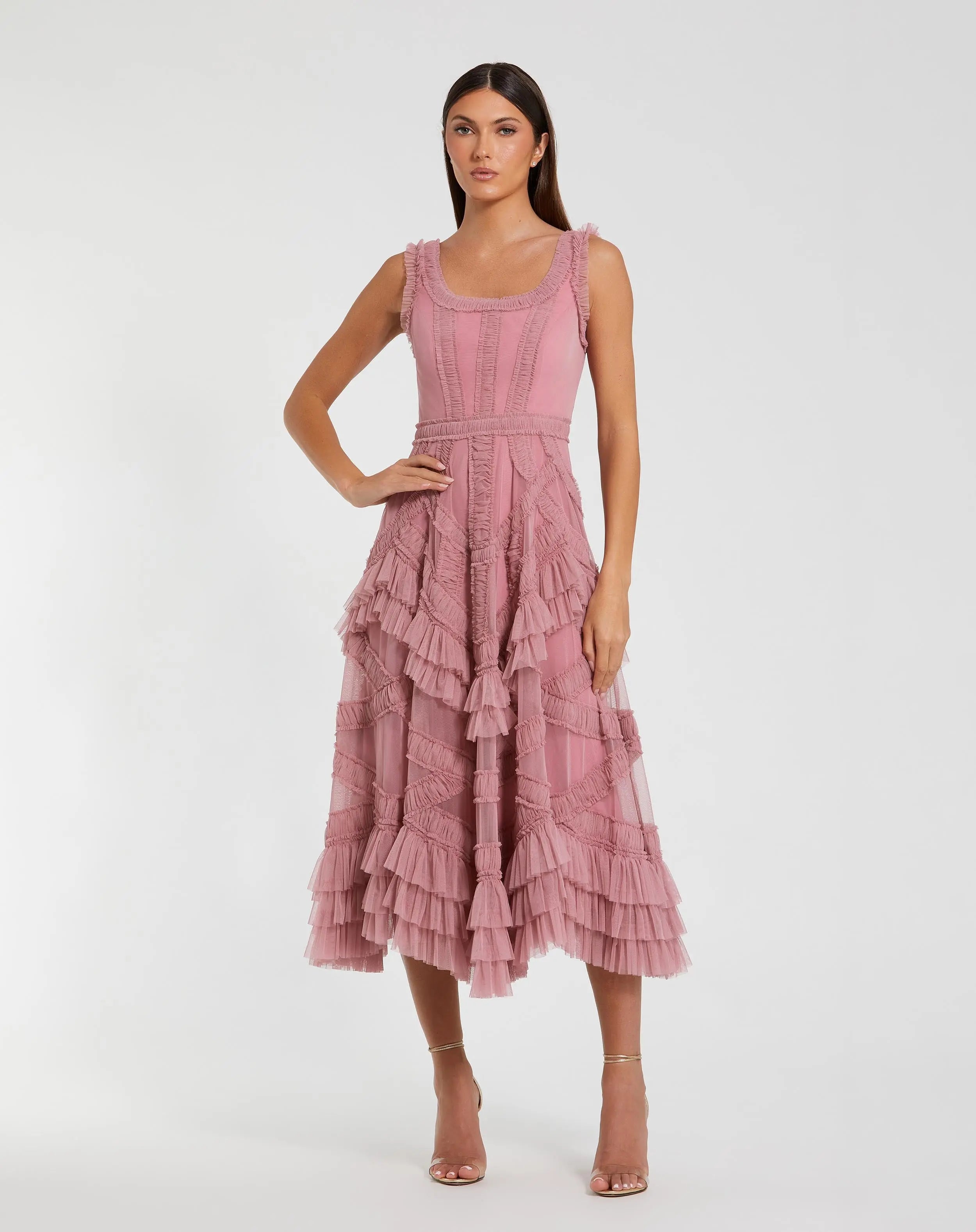 Pink Scoop Neck Sleeveless Micro Ruffle Midi Dress-Myartka