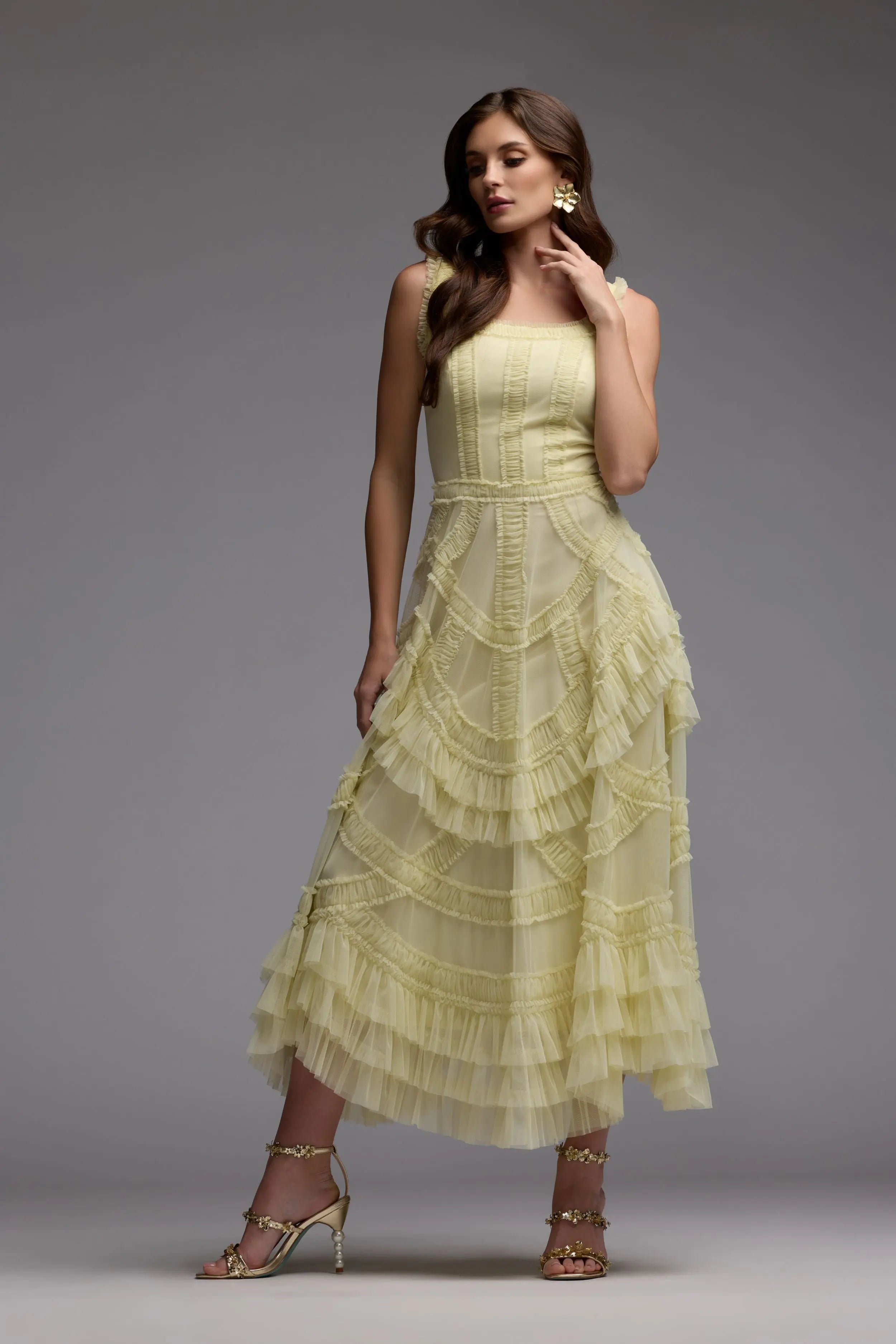 Yellow Scoop Neck Sleeveless Micro Ruffle Midi Dress-Myartka