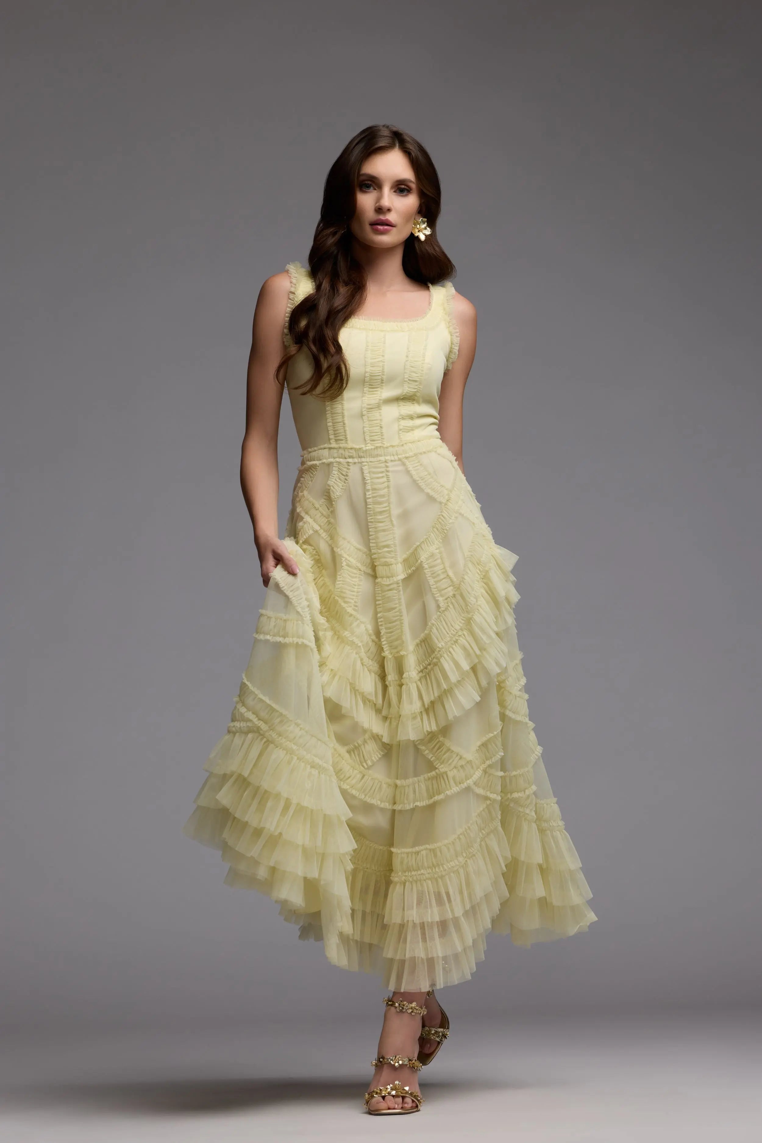 Yellow Scoop Neck Sleeveless Micro Ruffle Midi Dress-Myartka