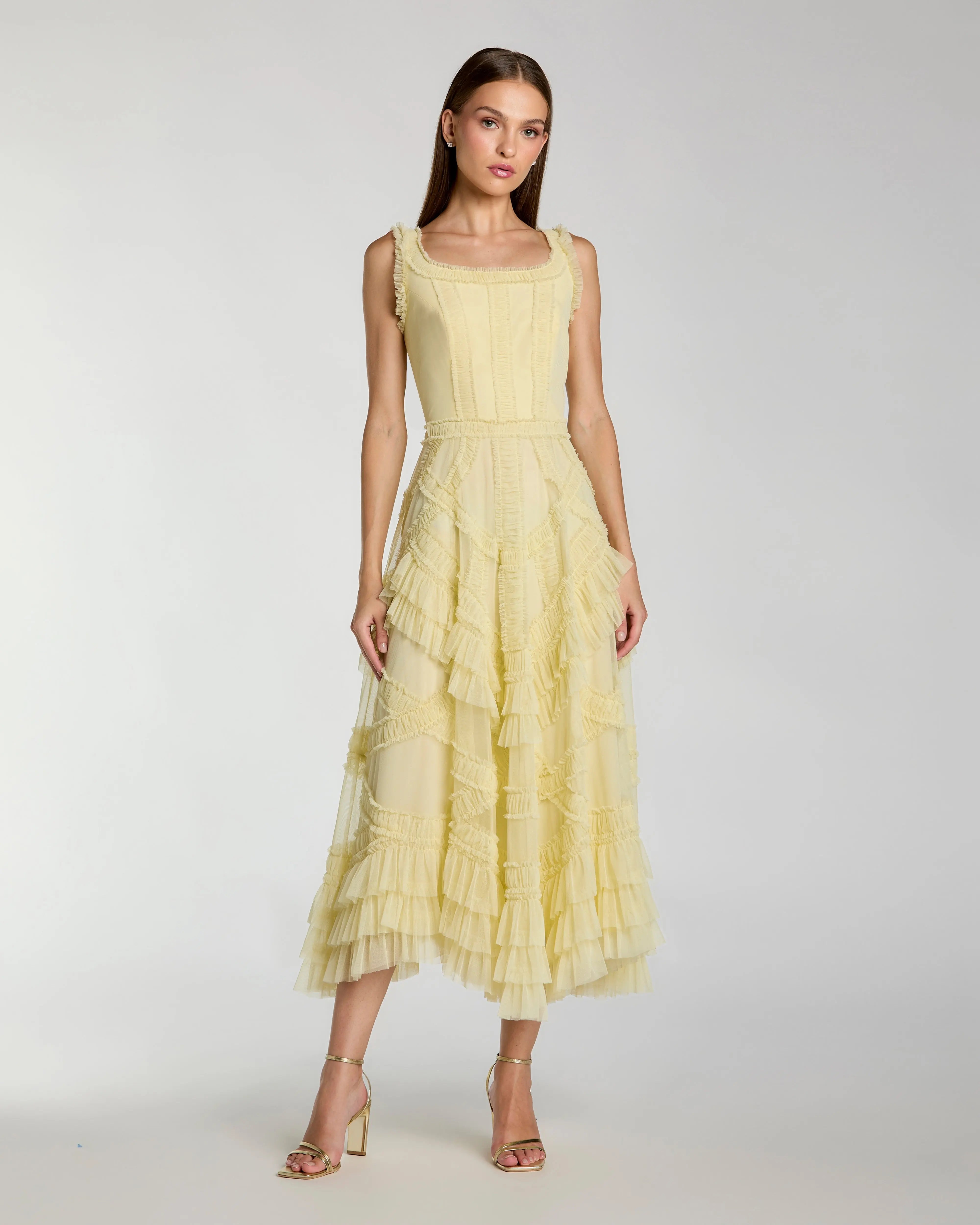 Yellow Scoop Neck Sleeveless Micro Ruffle Midi Dress-Myartka