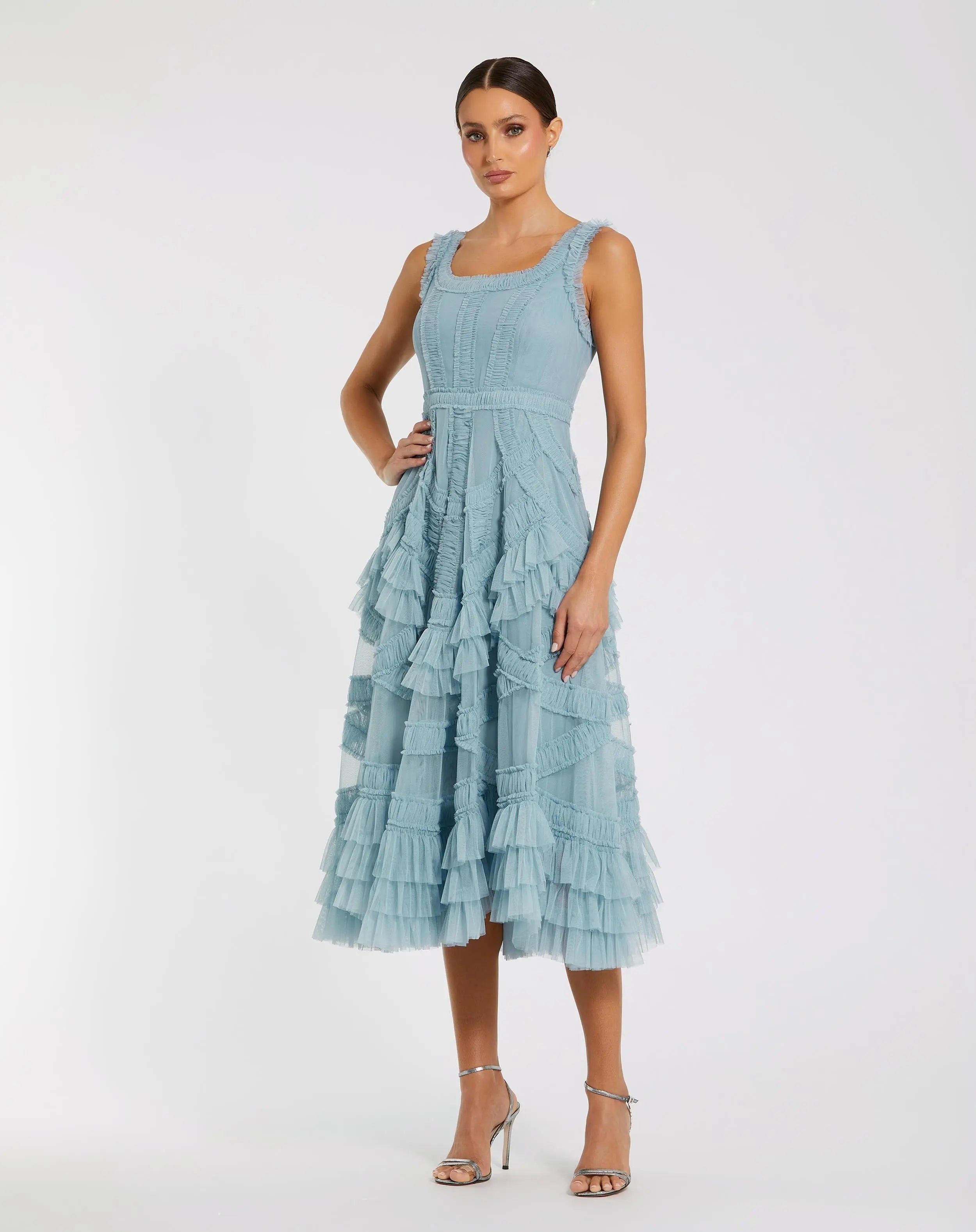 Blue Scoop Neck Sleeveless A-Line Ruffle Midi Dress-Myartka